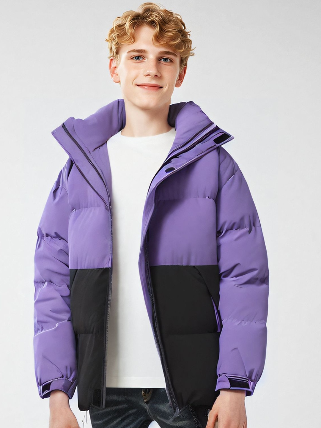 

StyleCast x Revolte Men Mock Collar Colourblocked Casual Padded Jacket, Purple