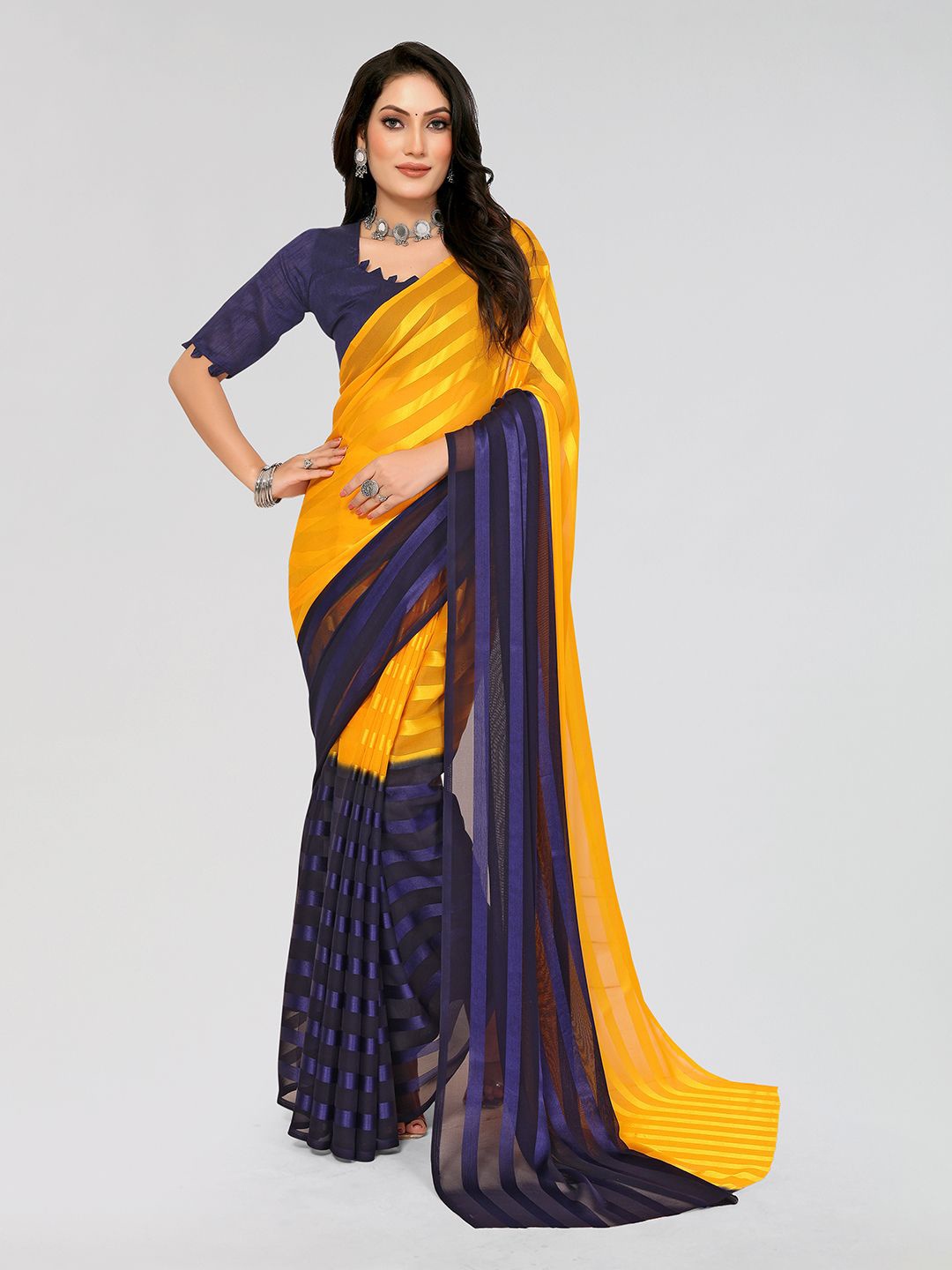 

Moda Rapido Striped Printed Satin Saree With Unstitched Blouse Piece, Yellow
