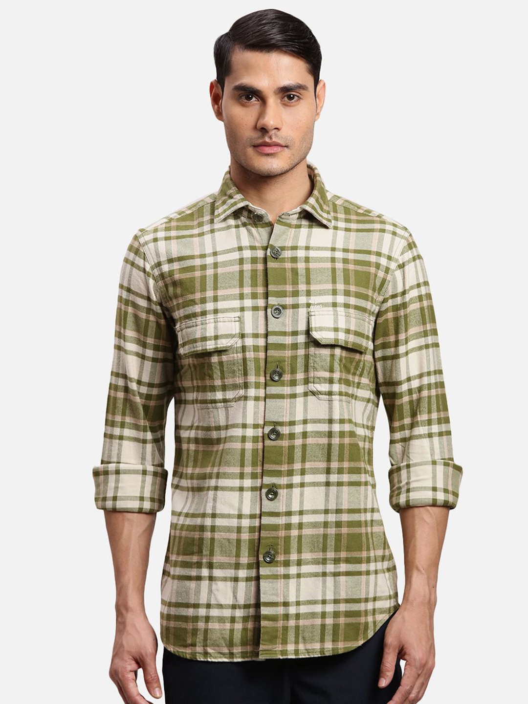 

ColorPlus Men Spread Collar Tartan Checked Cotton Casual Shirt, Green