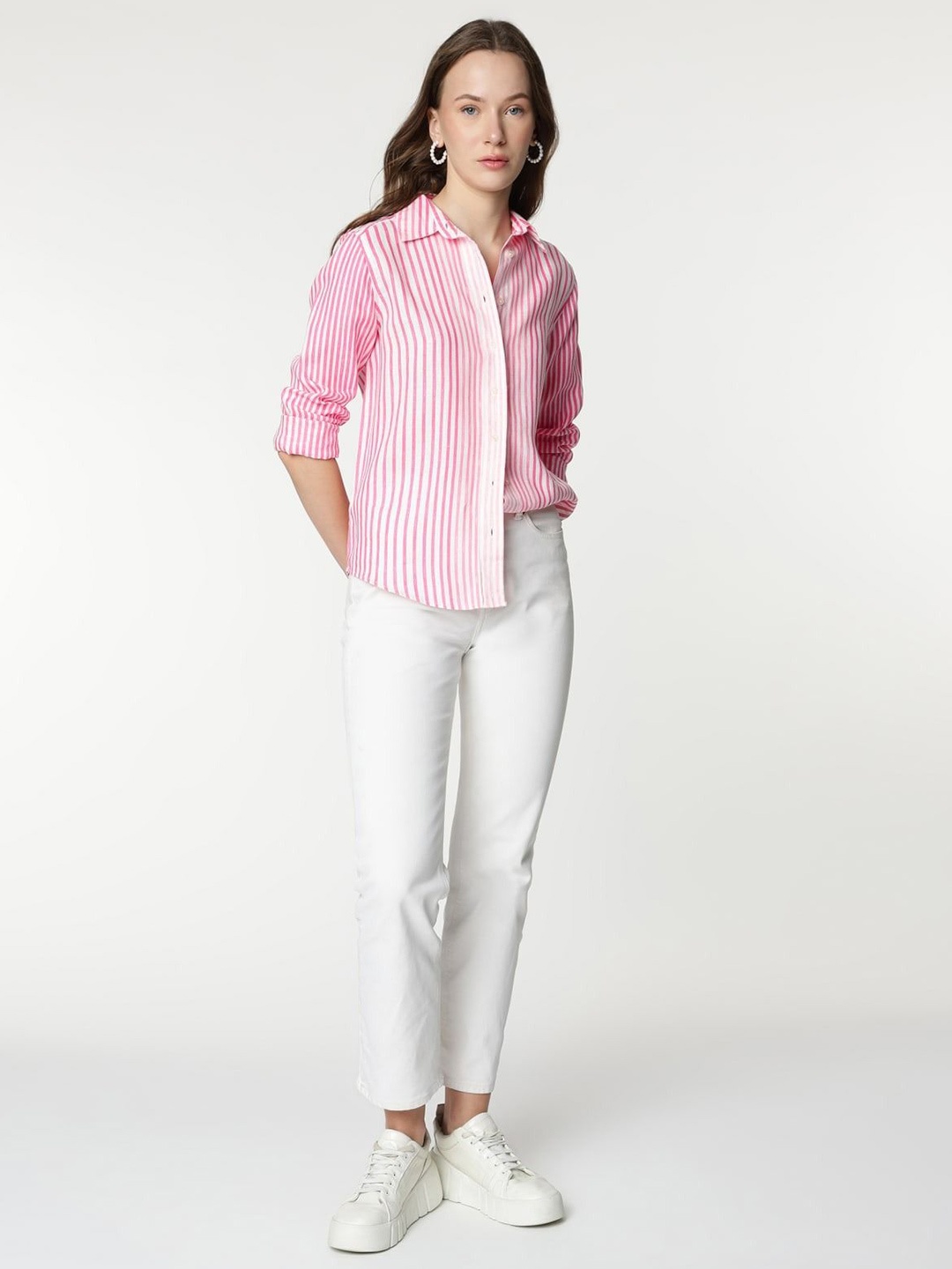

Marks & Spencer Women Spread Collar Vertical Striped Linen Casual Shirt, White