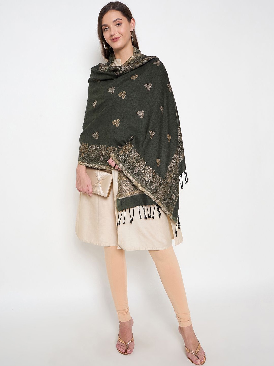 

Zigo Floral Woven Design Tasselled Woollen Shawl, Olive