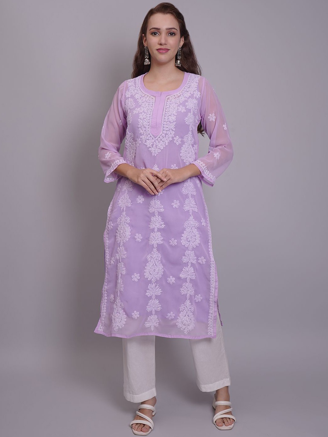 

Seva Chikan Ethnic Motifs Embroidered Chikankari Georgette Straight Kurta, Mauve