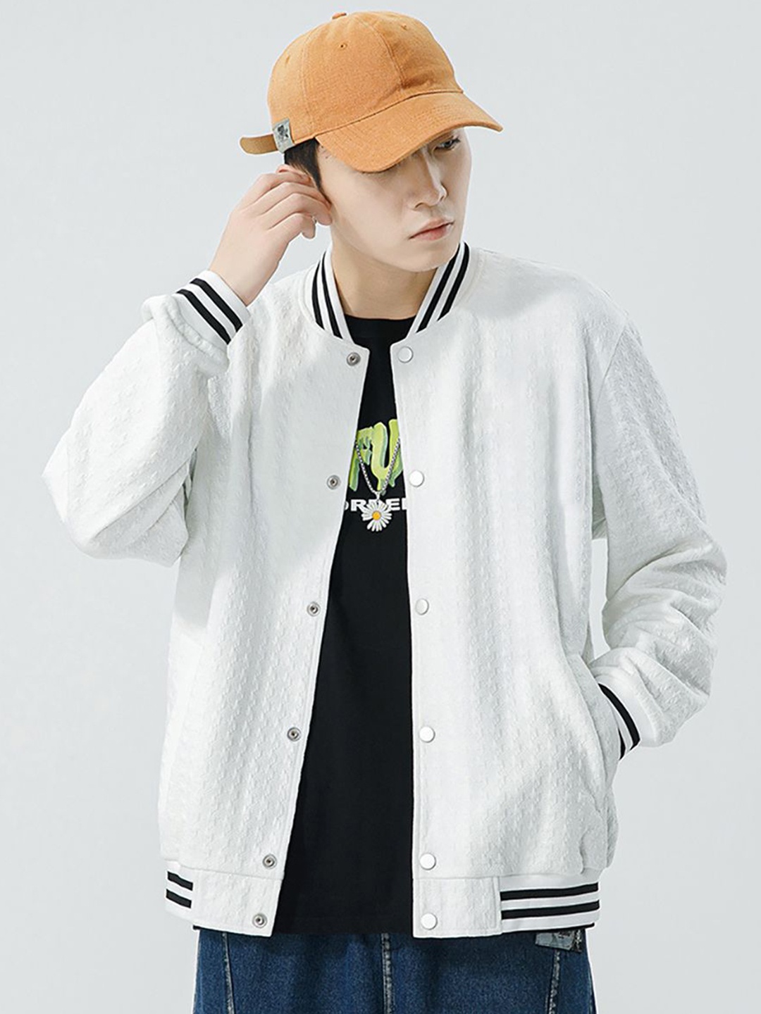 

StyleCast x Revolte Men Stand Collar Self Design Casual Bomber Jacket, White