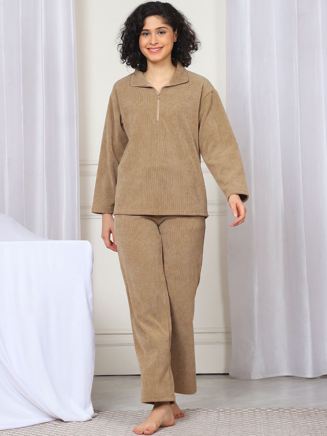 

Kanvin Women Shirt Collar Long Sleeves Night suit, Beige