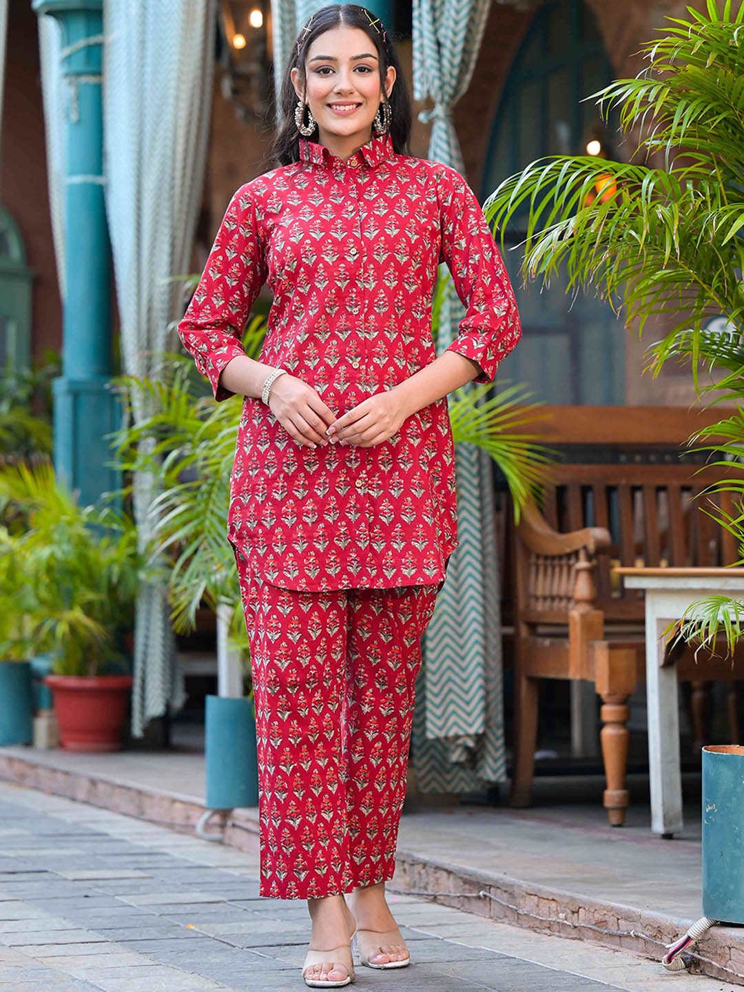 

Jaipuri Adaah Printed Pure Cotton Tunic With Trousers, Red