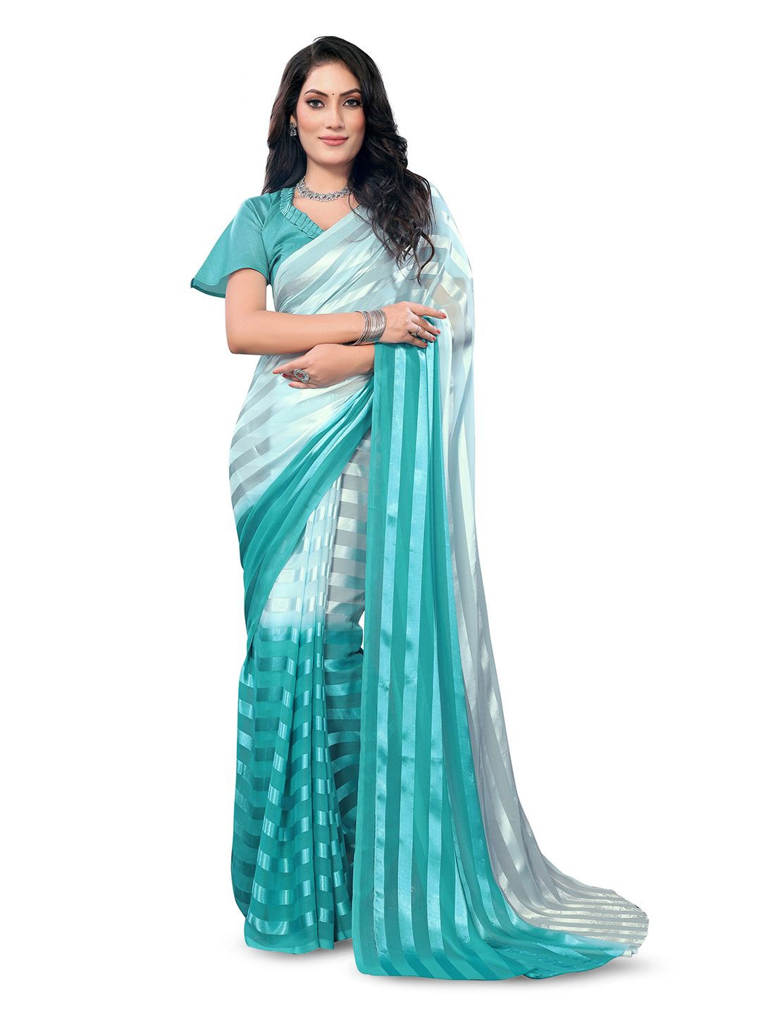 

Moda Rapido Striped Satin Saree, Blue