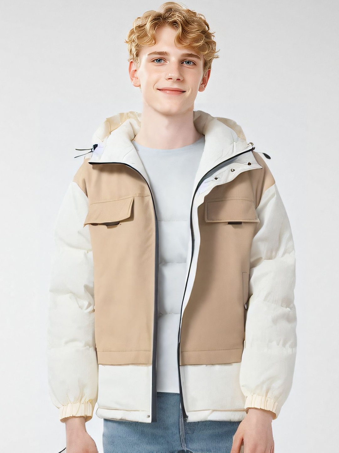 

StyleCast x Revolte Men Hooded Colourblocked Casual Padded Jacket, Off white