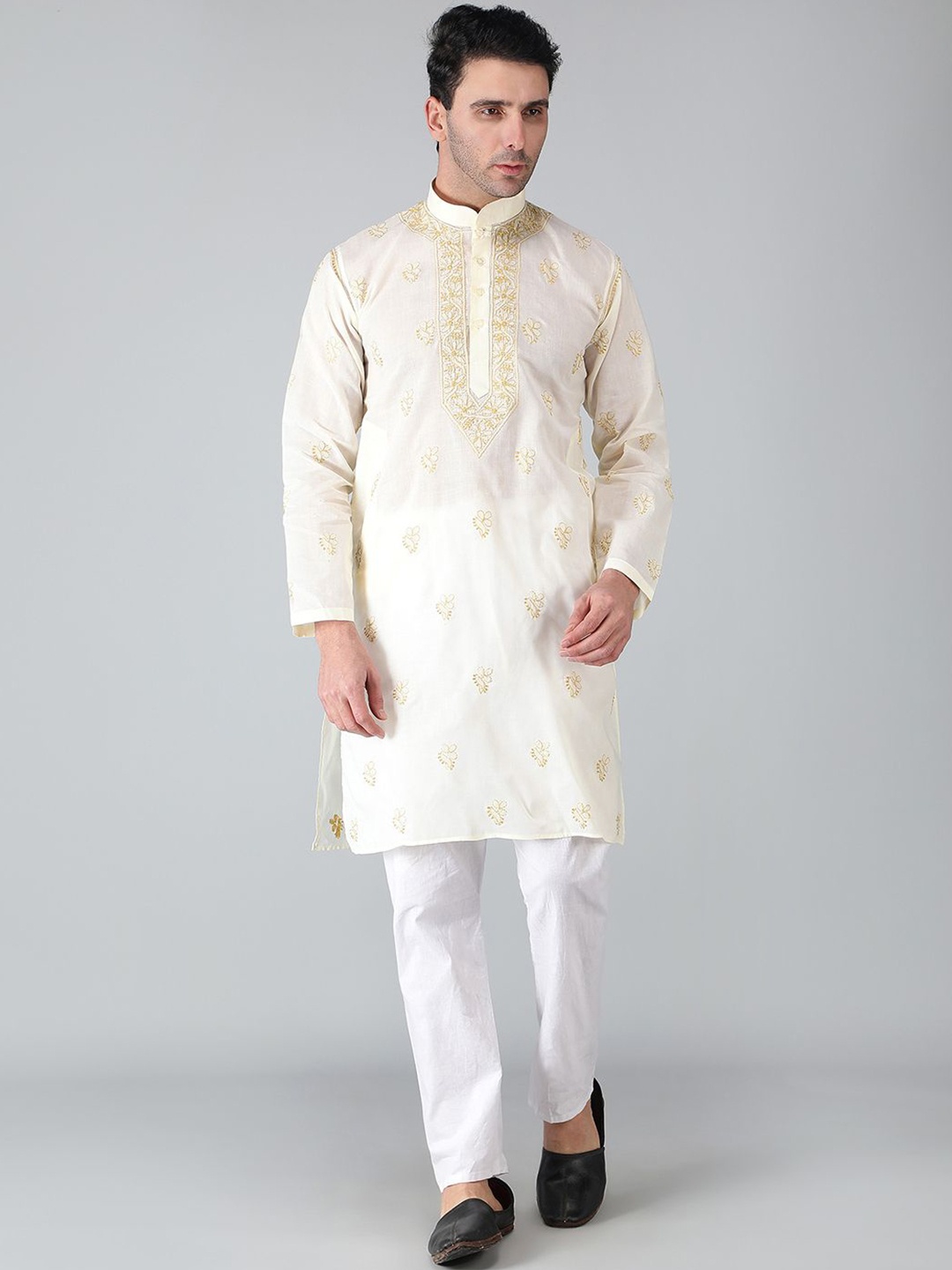 

Seva Chikan Floral Embroidered Mandarin Collar Long Sleeves Pure Cotton Straight Kurta, Cream