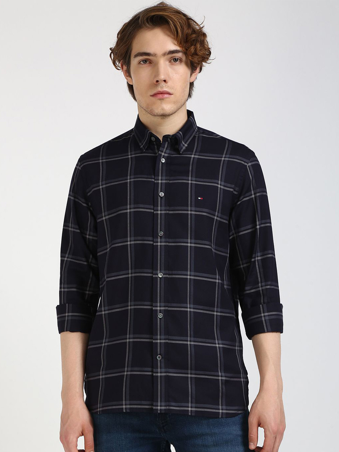 

Tommy Hilfiger Men Spread Collar Windowpane Checked Cotton Casual Shirt, Black