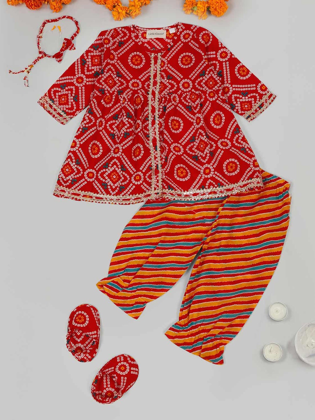 

LITTLE GINNIE Girls Bandhani Printed Pure cotton Kurti with Dhoti Pants, Red