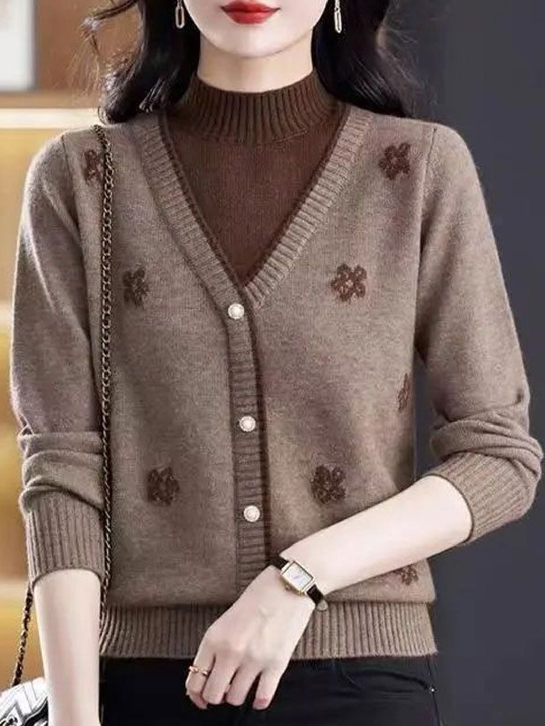 

StyleCast Women Floral Cardigan with Embroidered Detail, Brown