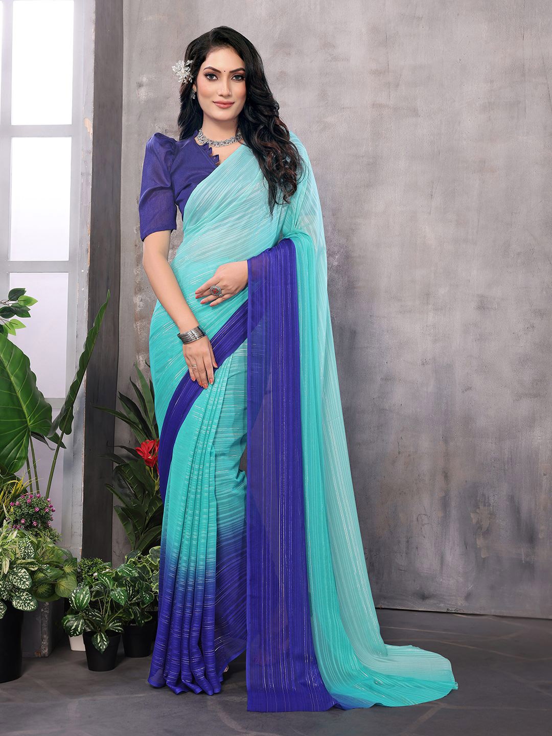 

Moda Rapido Striped Printed Satin Saree, Blue