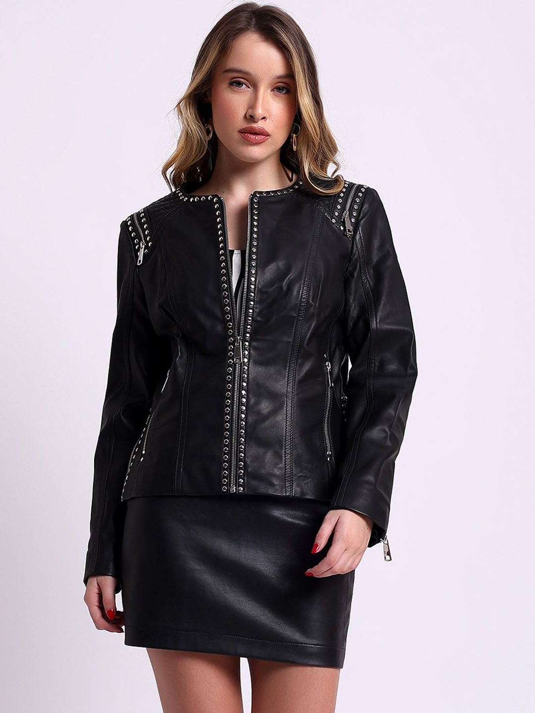 

Saint G Women Collarless Solid Leather Casual Biker Jacket, Black
