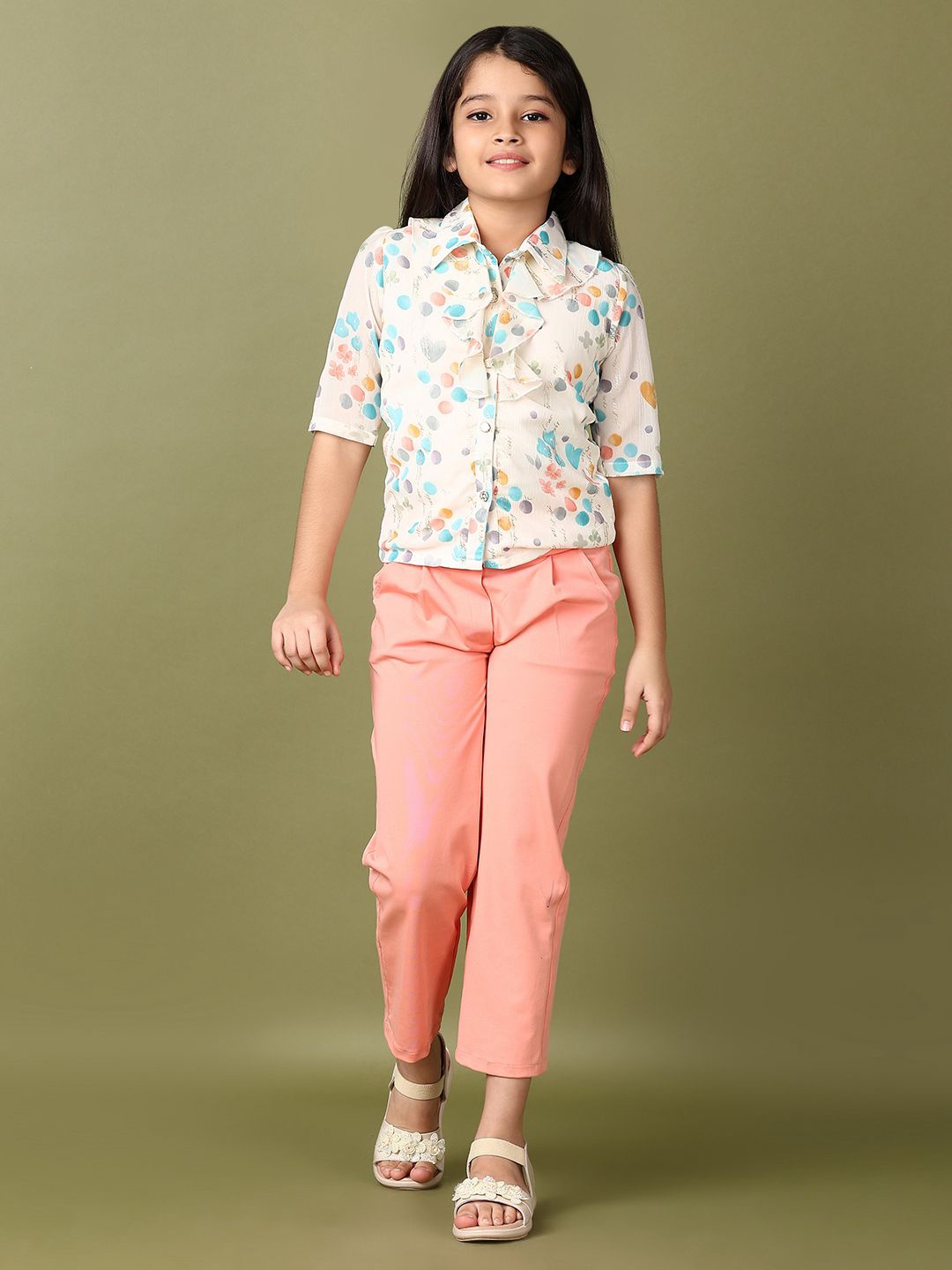 

V-Mart Girls Printed Shirt with Trousers, Peach