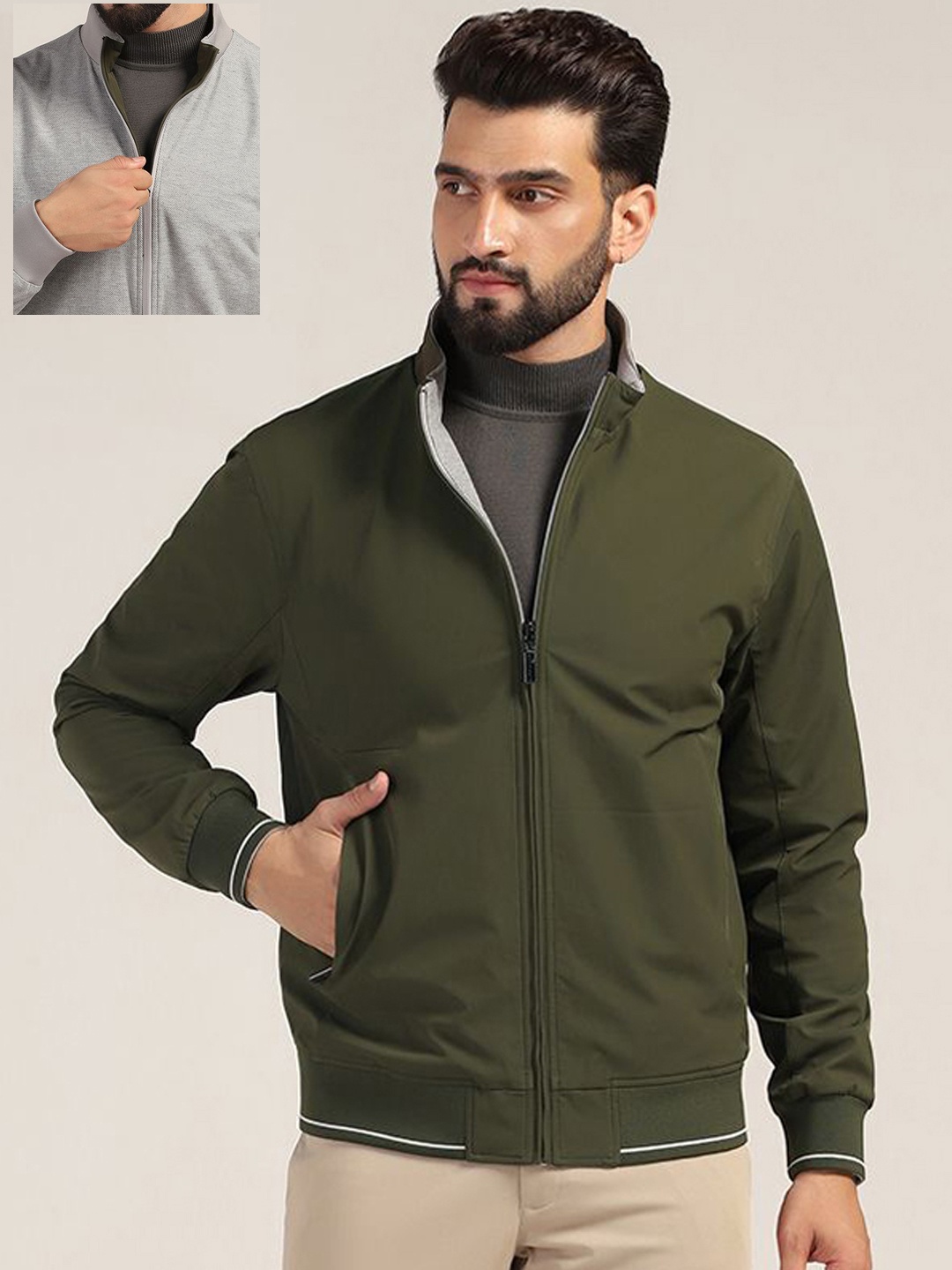 

Blackberrys Men Mock Collar Solid Casual Bomber Reversible Jacket, Olive