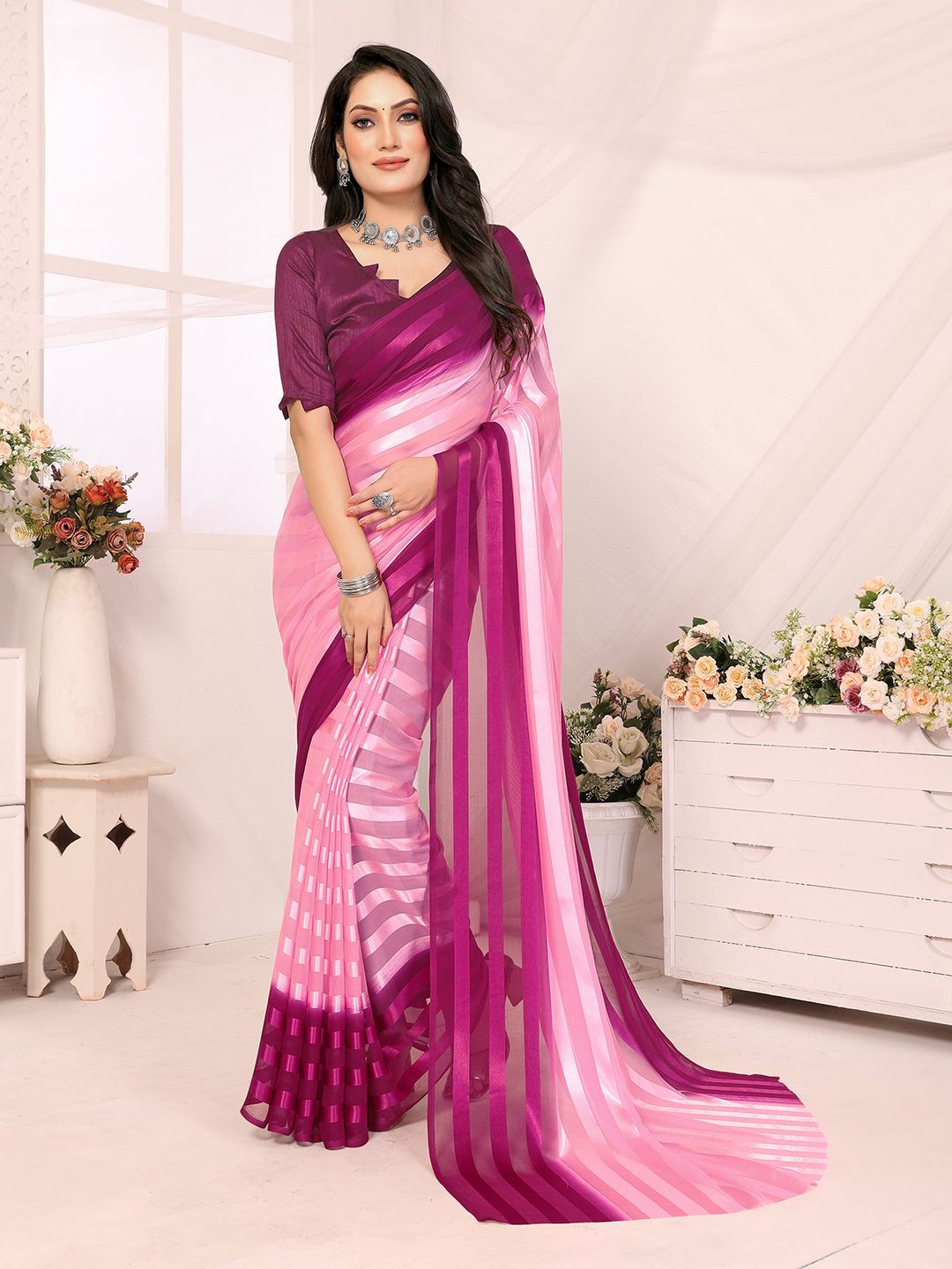 

Moda Rapido Women Striped Printed Satin Saree With Unstitched Blouse Piece, Purple