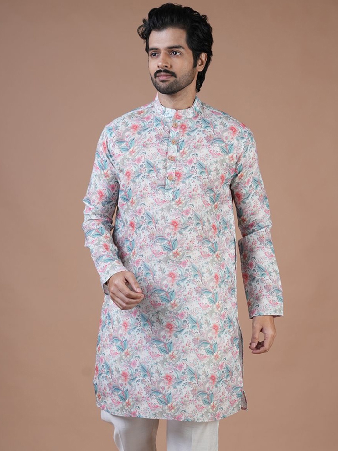 

ARYA Men Printed Regular Linen Kurta with Pyjamas, White