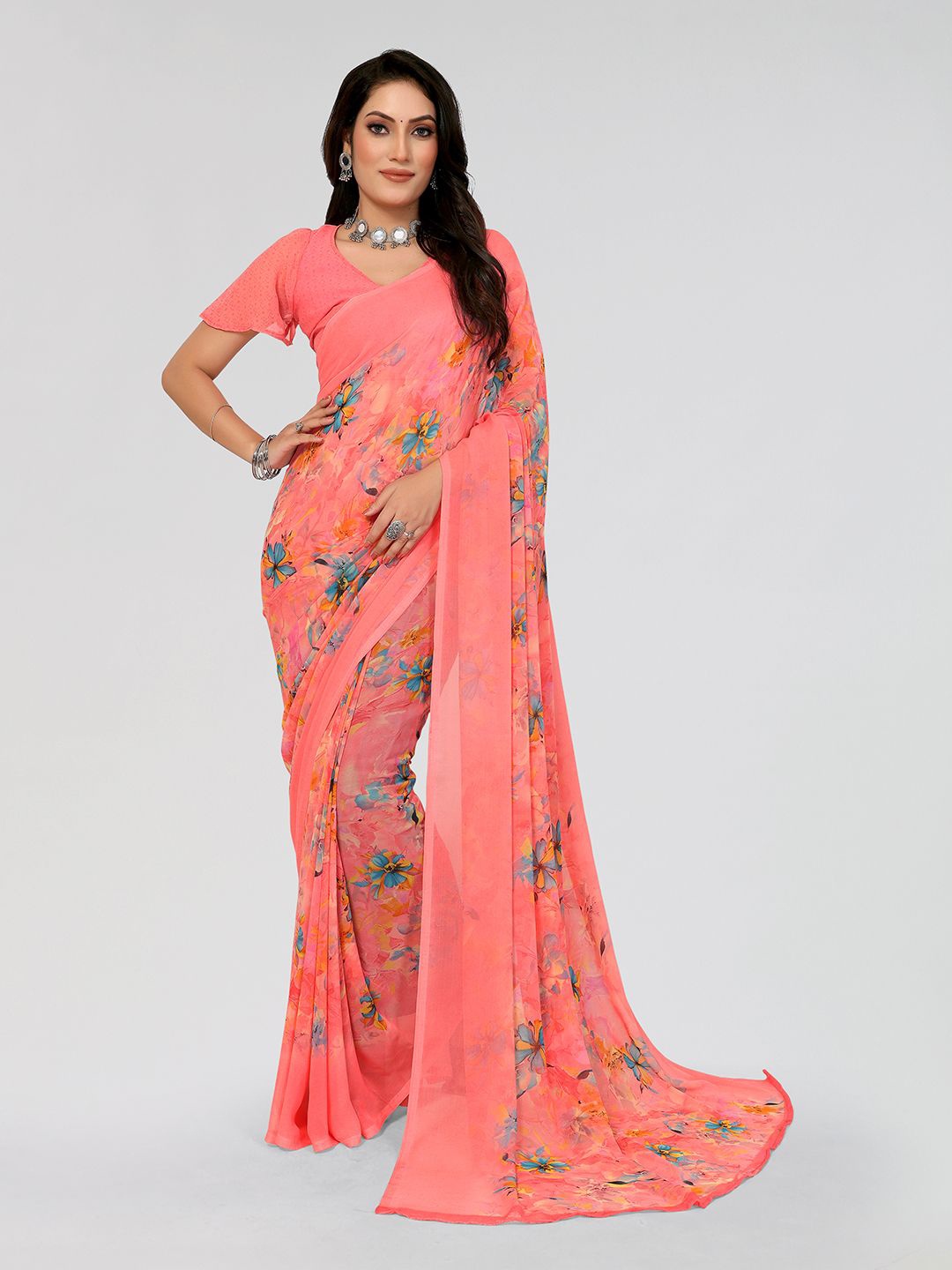 

ANAND SAREES Floral Printed Saree With Unstitched Blouse Piece, Peach