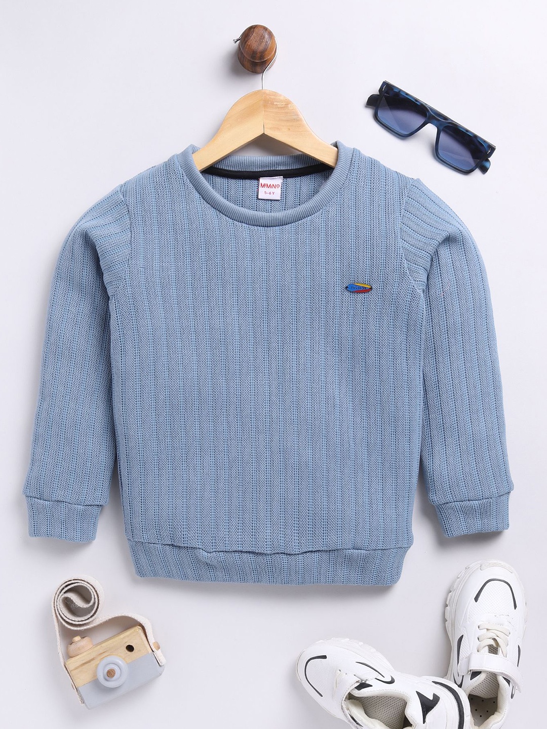 

MIMINO Boys Self Design Striped Pullover Sweatshirt, Blue