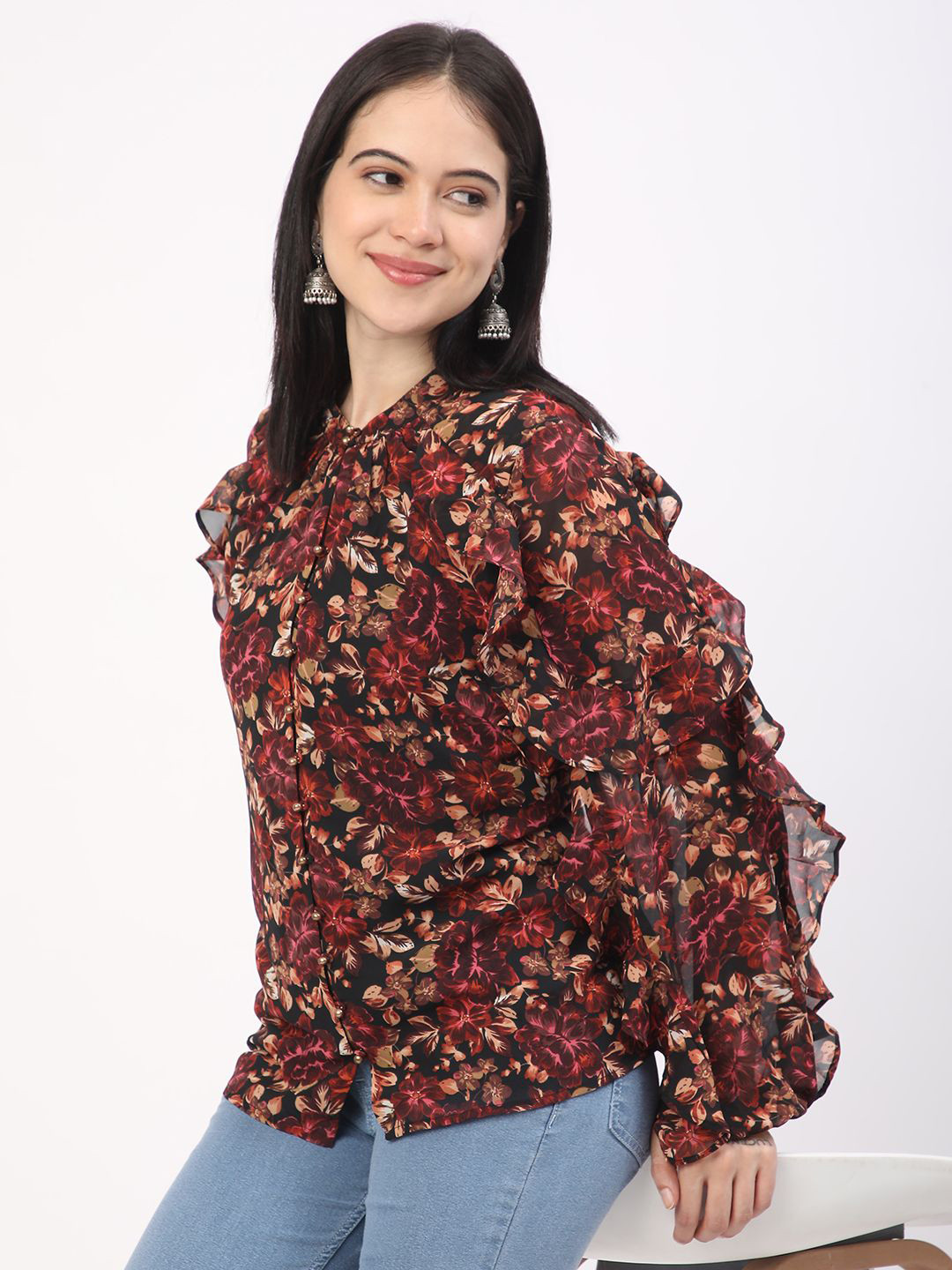 

R&B Women Floral Printed Cuffed Sleeves Shirt Style Top, Red