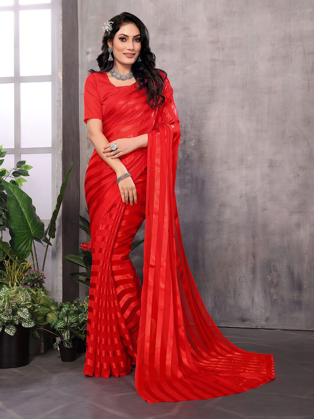 

Moda Rapido Striped Satin Saree With Blouse Piece, Red