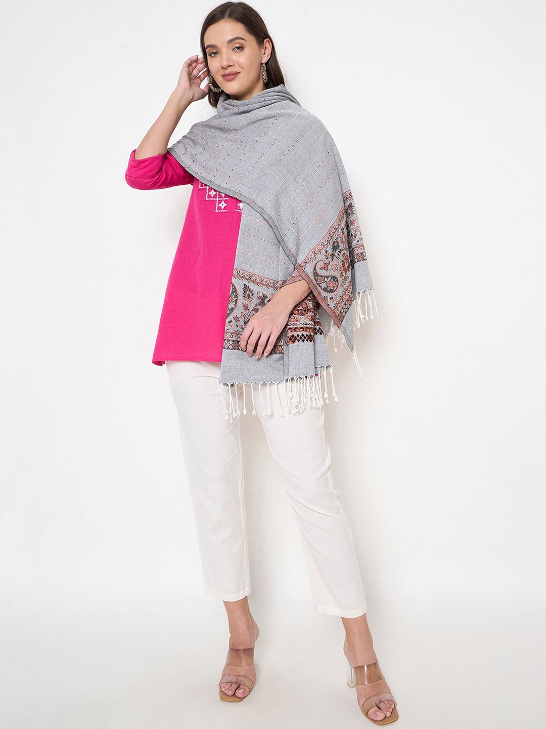 

Zigo Striped Woven Design Woollen Shawl, Grey