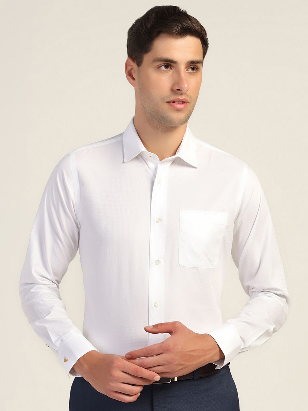 

Blackberrys Men India Slim Spread Collar Textured Cotton Slim Fit Casual Shirt, White