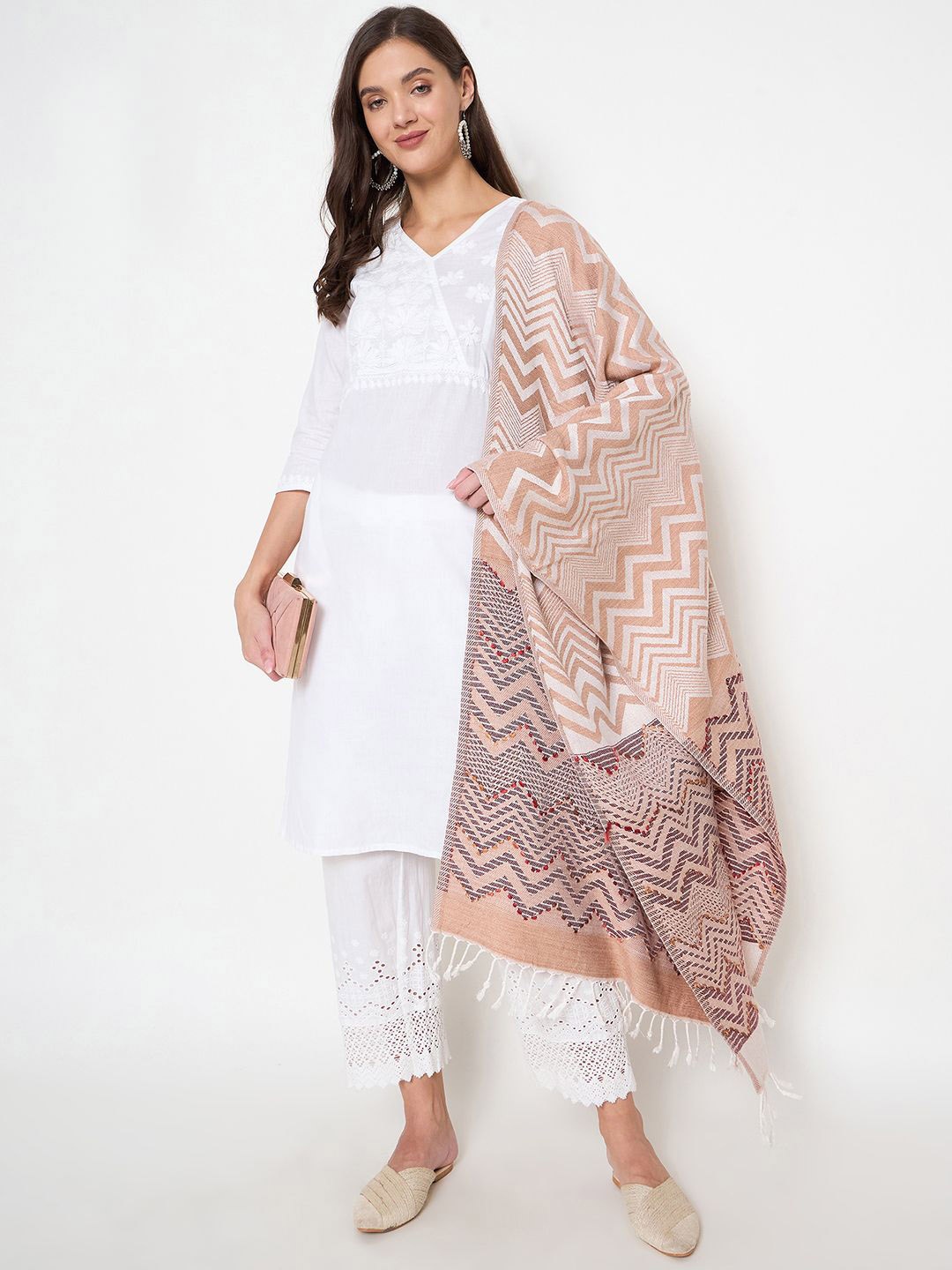 

Zigo Chevron Woven Design Woollen Shawl, Beige
