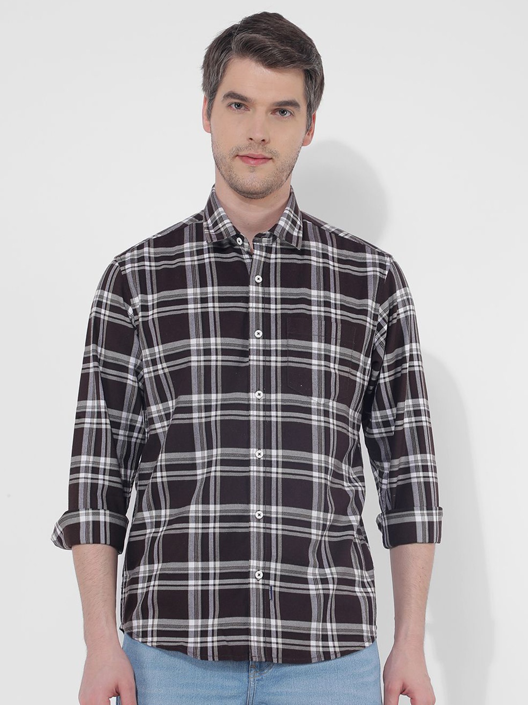 

Numero Uno Men Spread Collar Checked Cotton Casual Shirt, Black