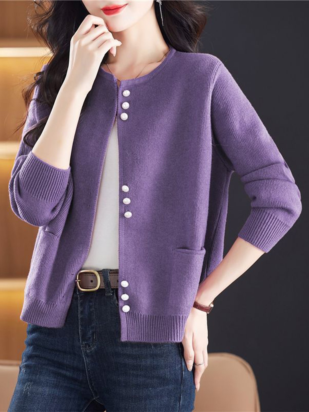 

StyleCast Women Round Neck Cardigan, Purple