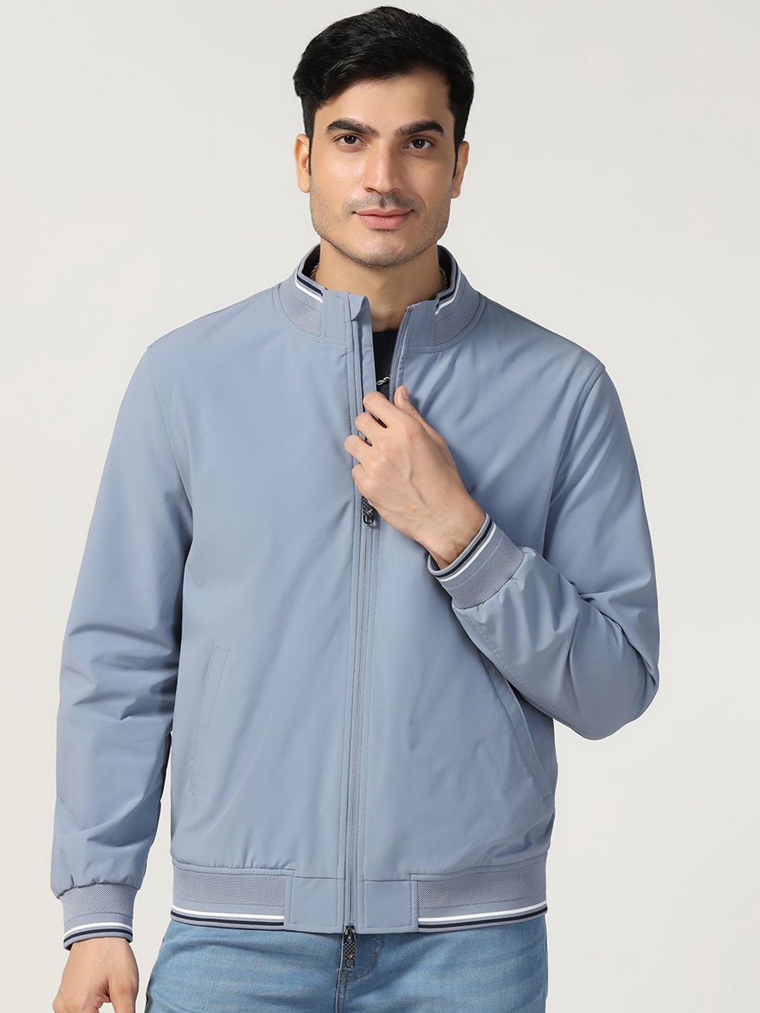 

Blackberrys Men Mock Collar Solid Casual Bomber Jacket, Blue