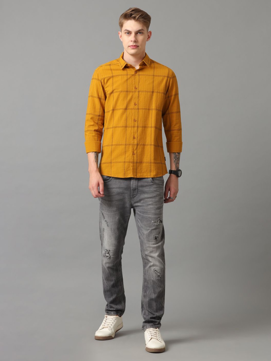 

Voi Jeans Men Classic Spread Collar Windowpane Checked Cotton Slim Fit Casual Shirt, Mustard