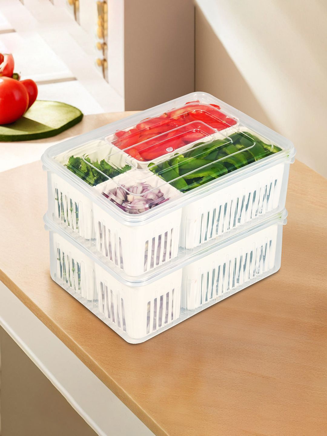 

Kuber Industries Pack of 2 Transparent & White Fridge Container Box Set