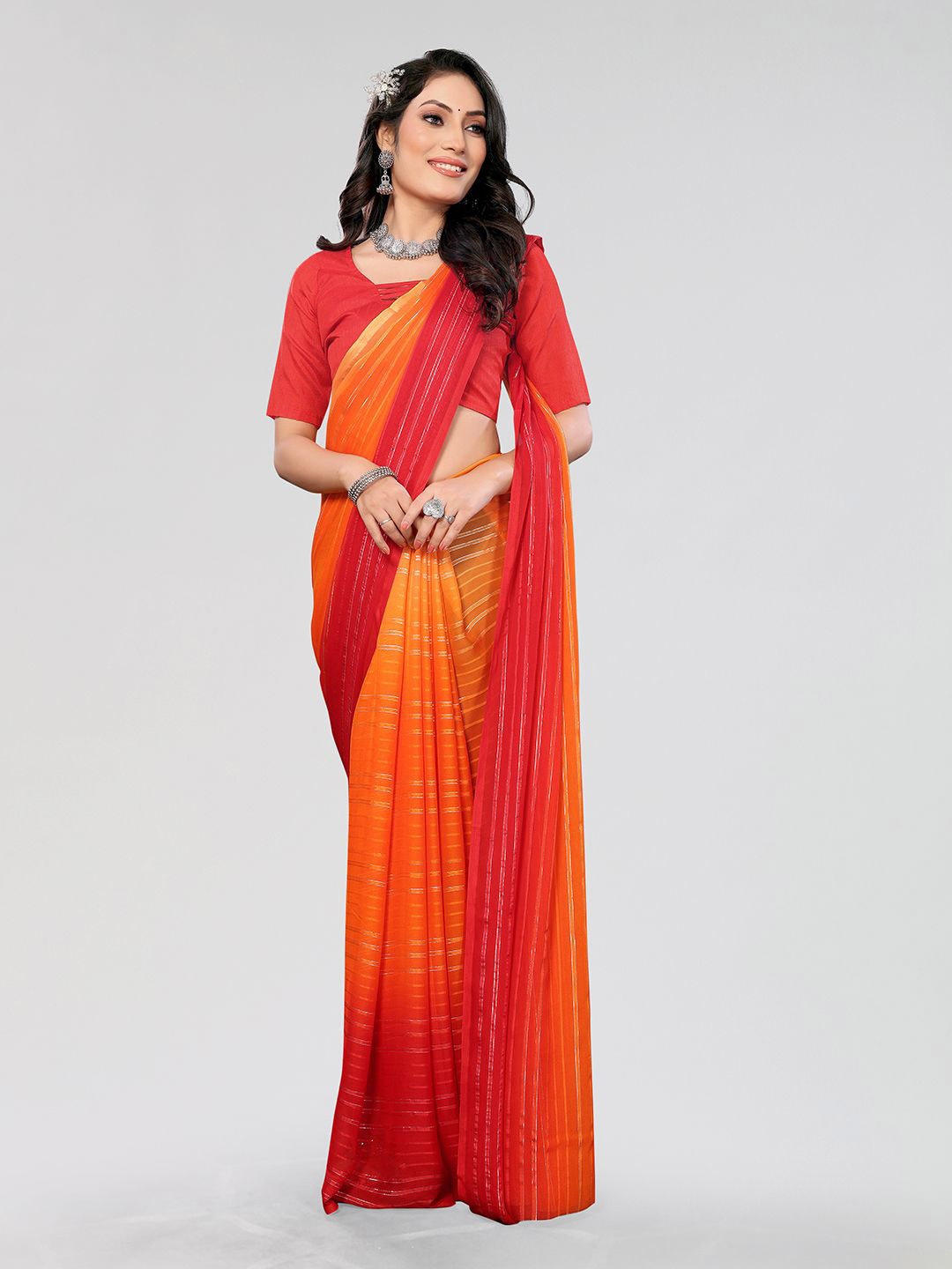 

Moda Rapido Striped Satin Saree With Blouse Piece, Orange