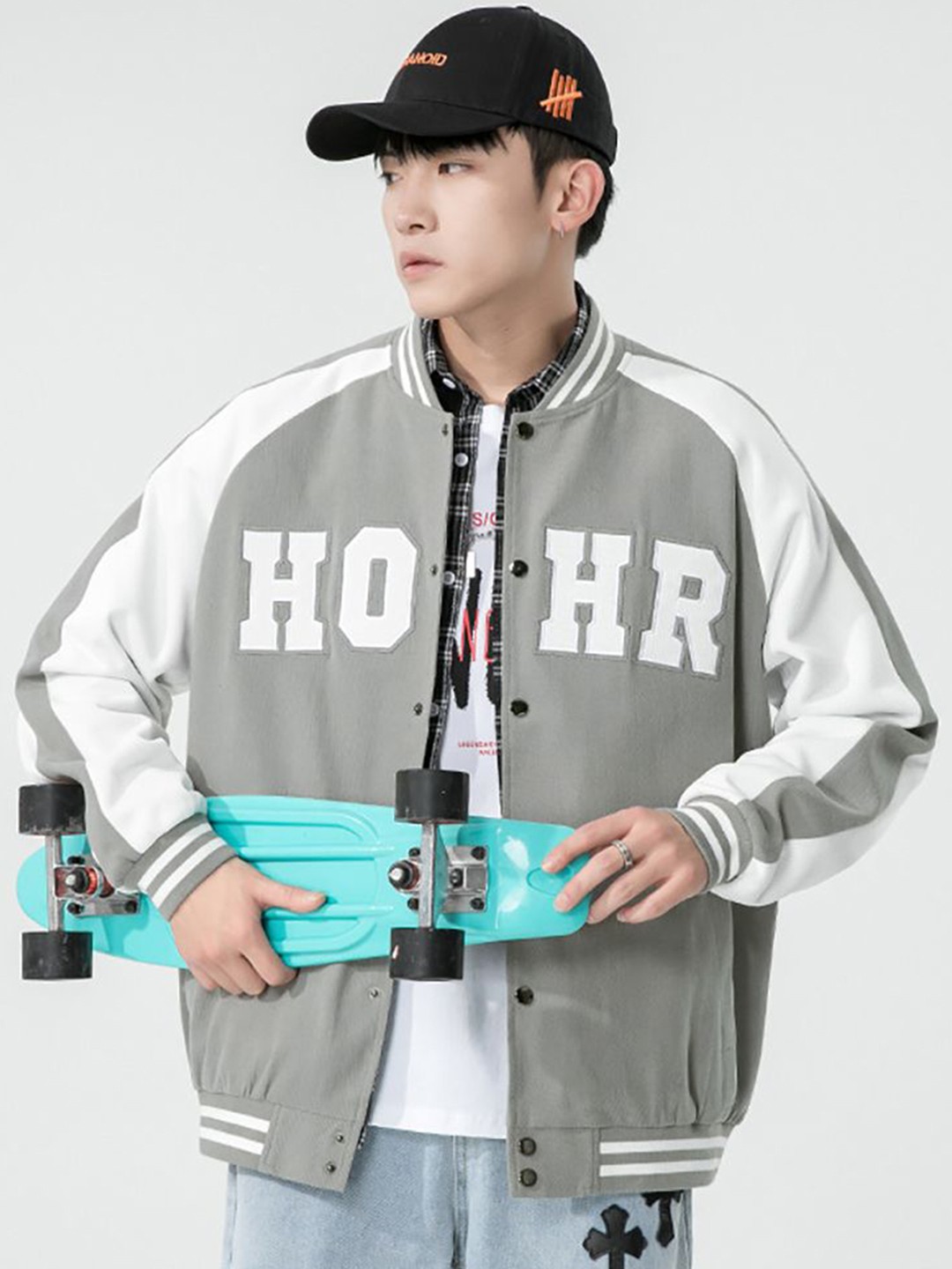 

StyleCast x Revolte Men Stand Collar Typography Printed Casual Bomber Jacket, Grey