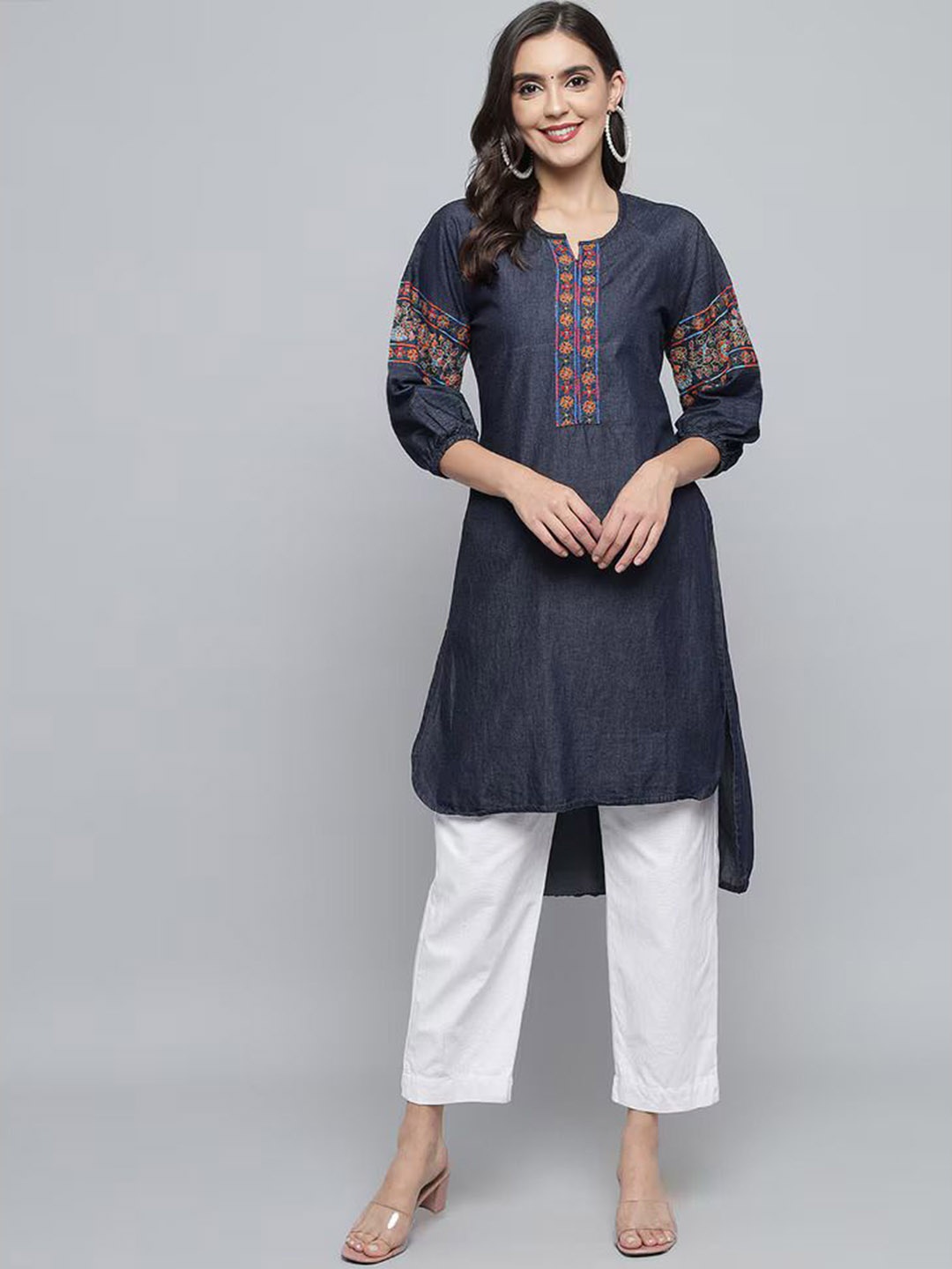 

Anouk Navy Blue Floral Yoke Design Thread Work Straight Kurta