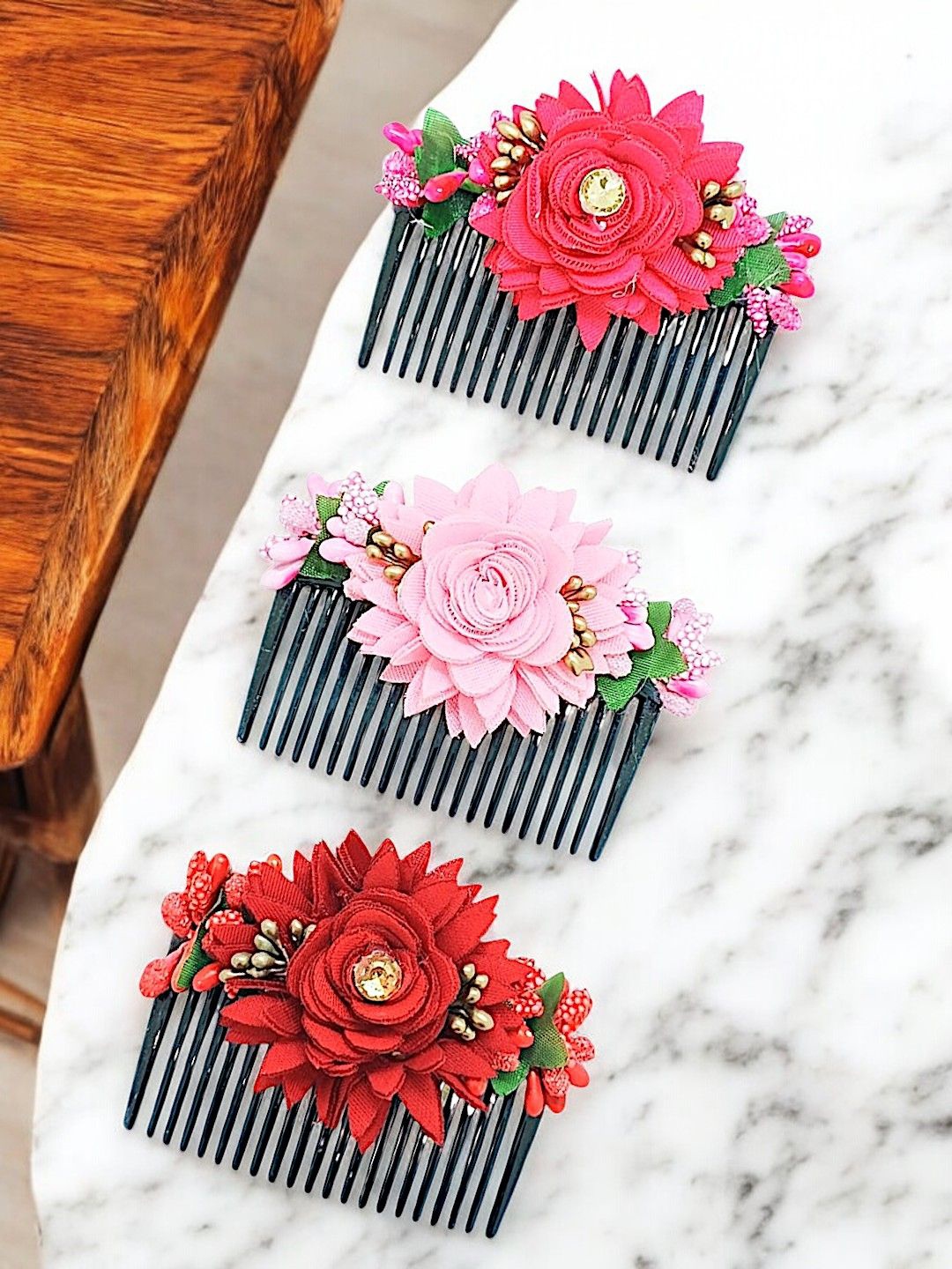 

9blings Women Set of 3 Embellished Comb Pin, Pink