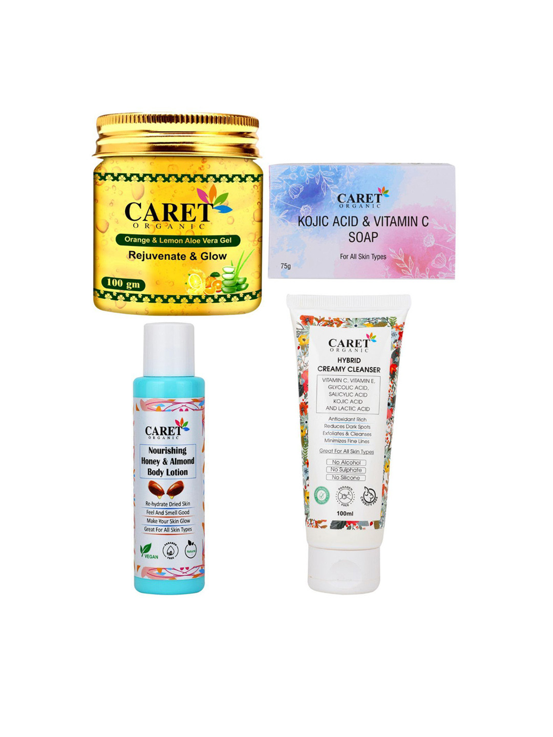 

CARET ORGANIC Set Of 4 Aloe Vera Gel, Kojic Acid Soap, Body Lotion & Hybrid Cleanser, White