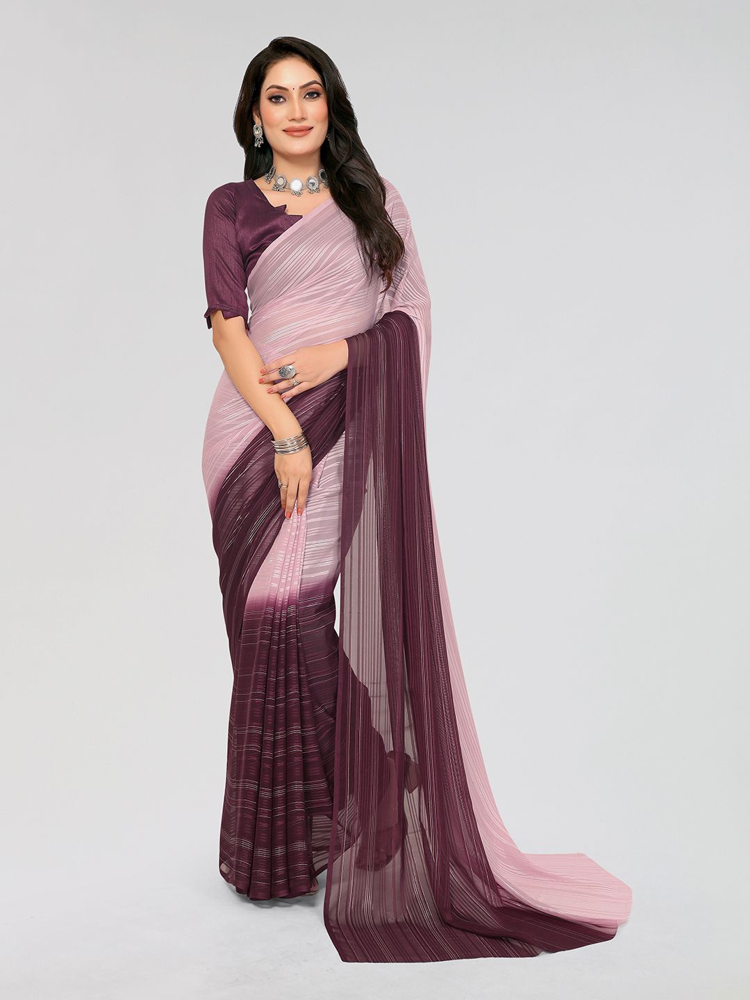

Moda Rapido Striped Satin Saree, Pink