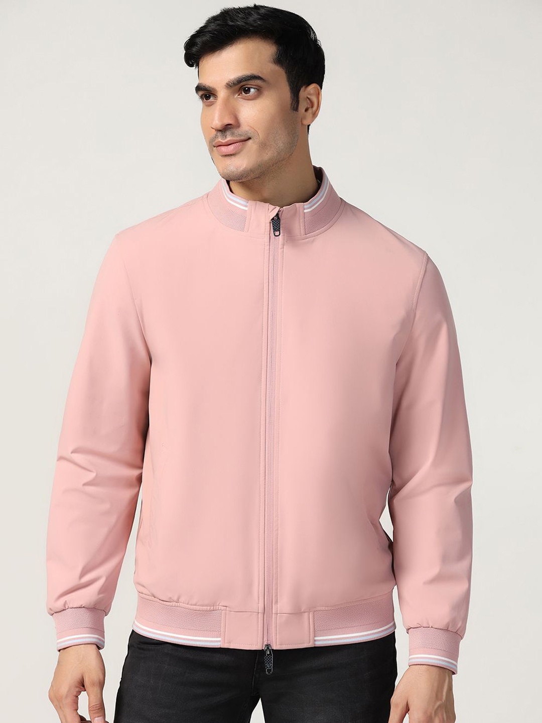 

Blackberrys Men Mock Collar Solid Casual Bomber Jacket, Peach