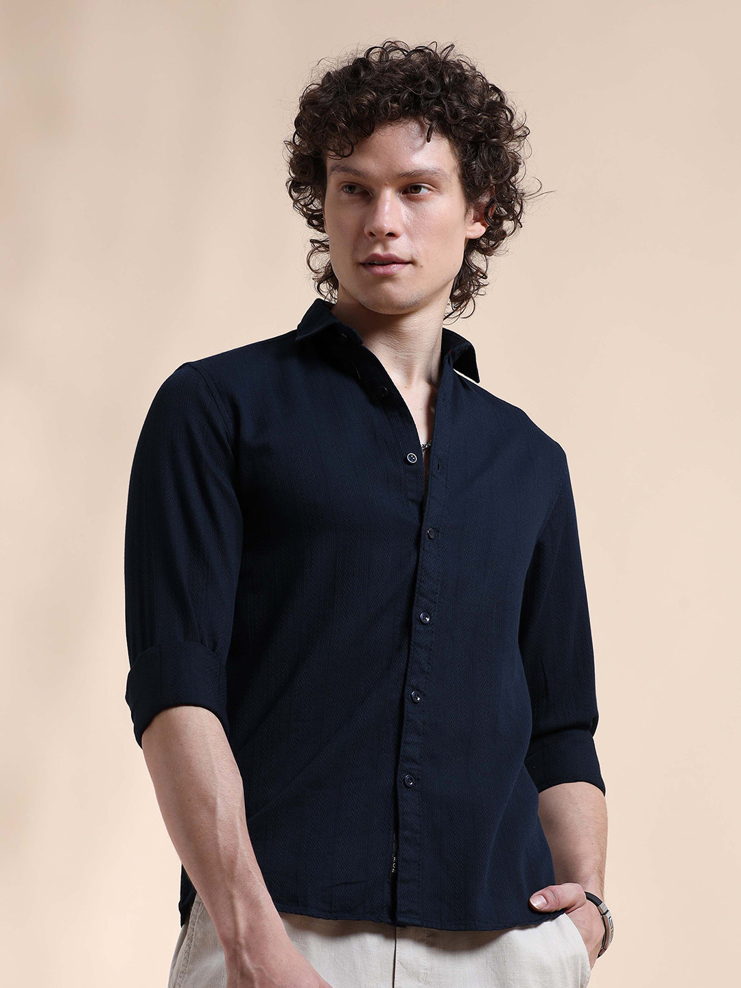 

HOUSE OF MAHNOTS Men Classic Opaque Casual Shirt, Navy blue