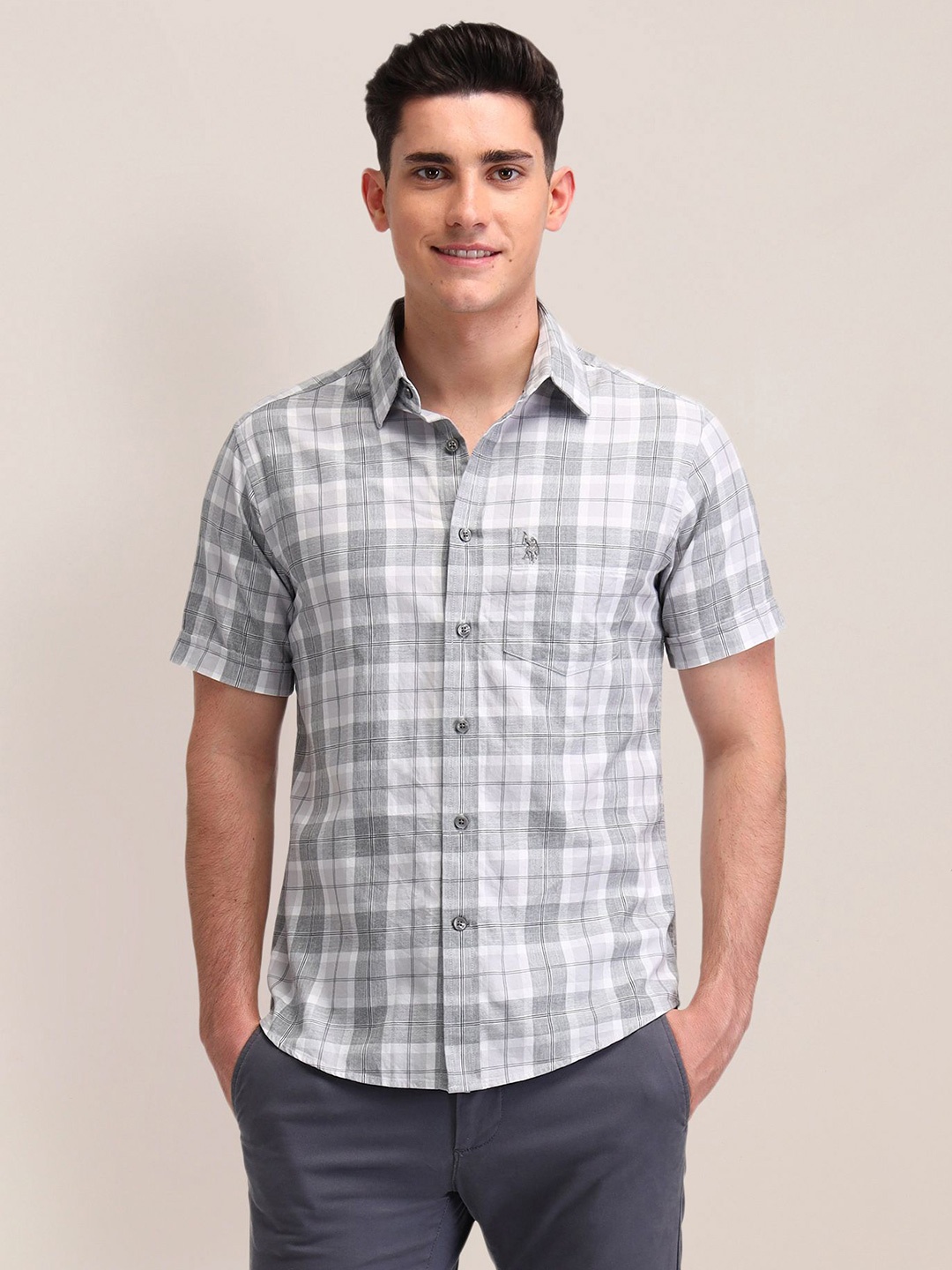 

U.S. Polo Assn. Men Classic Tailored Fit Opaque Checked Casual Shirt, Grey