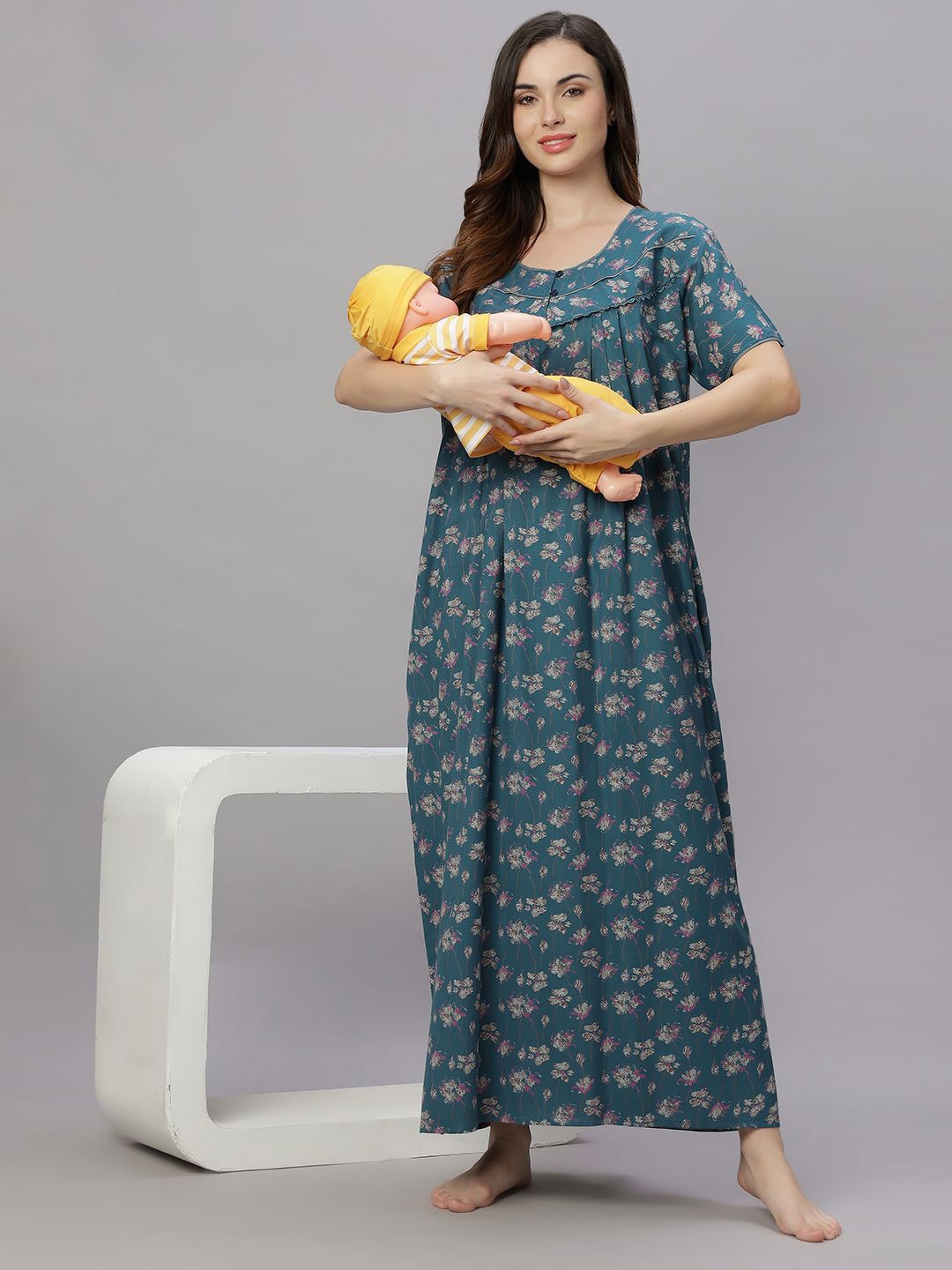 

QUIRA Women's Printed Maxi Maternity Nightdress, Blue
