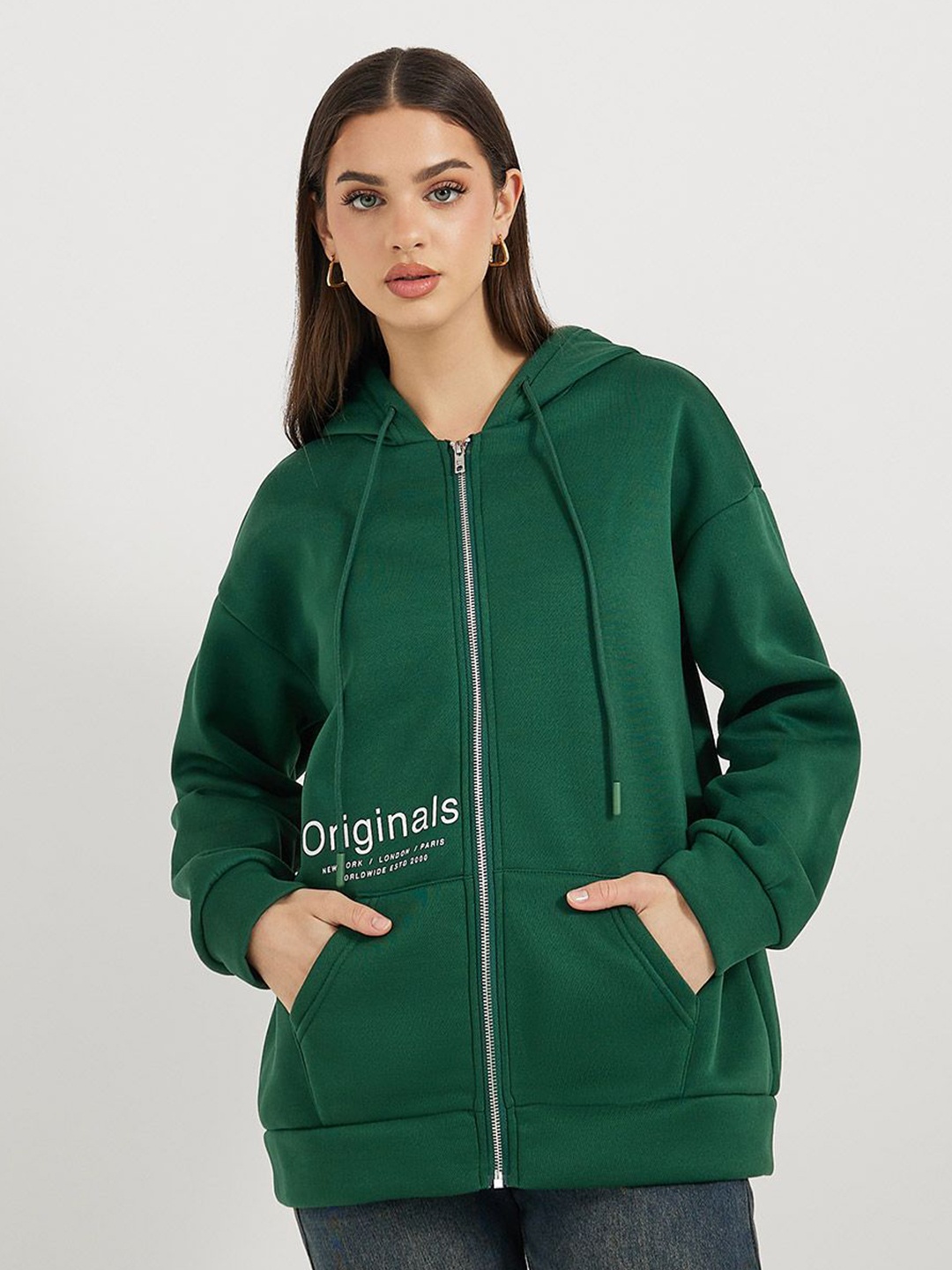 

Styli Women Oversized Fit Long Sleeves Regular Length Zip Through Hoodie, Green