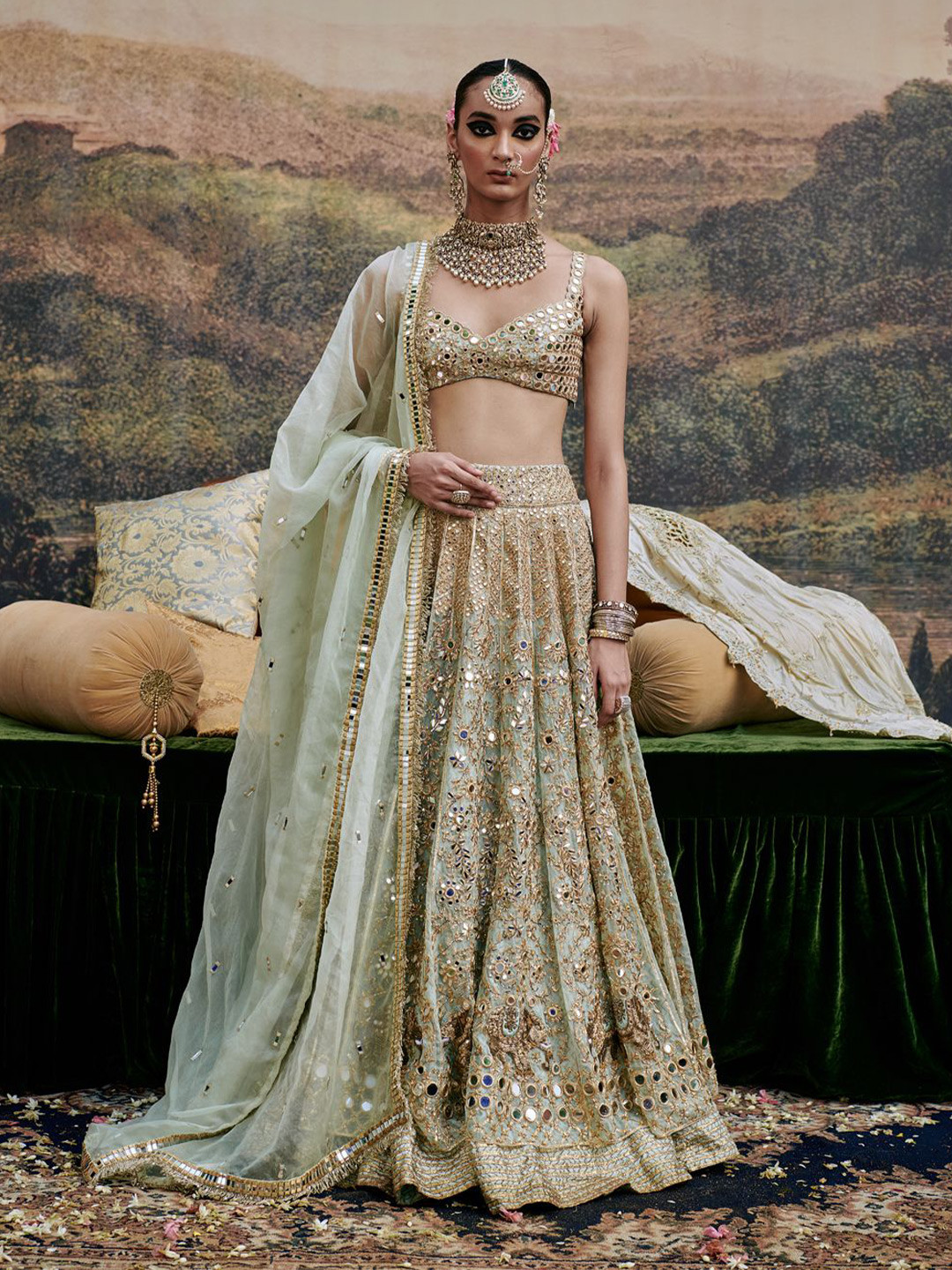 

ITRH Embroidered Beads and Stones Ready to Wear Lehenga & Blouse With Dupatta, Green