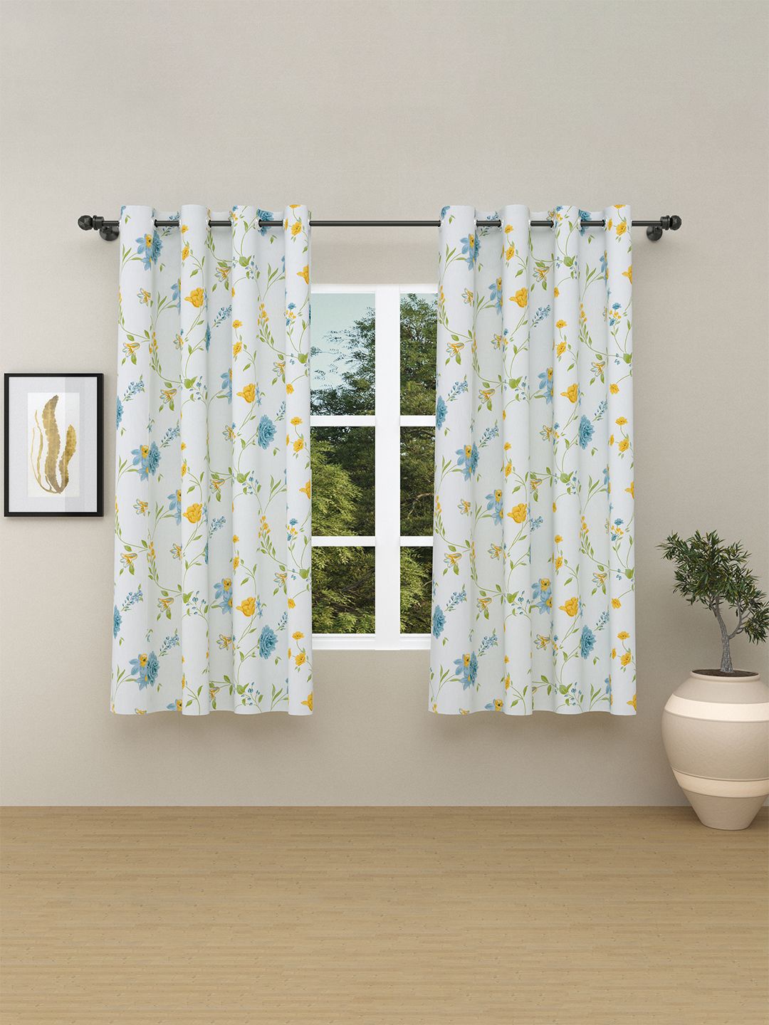 

haus & kinder White 2 Pieces Floral Printed Room Darkening Pure Cotton Window Curtains