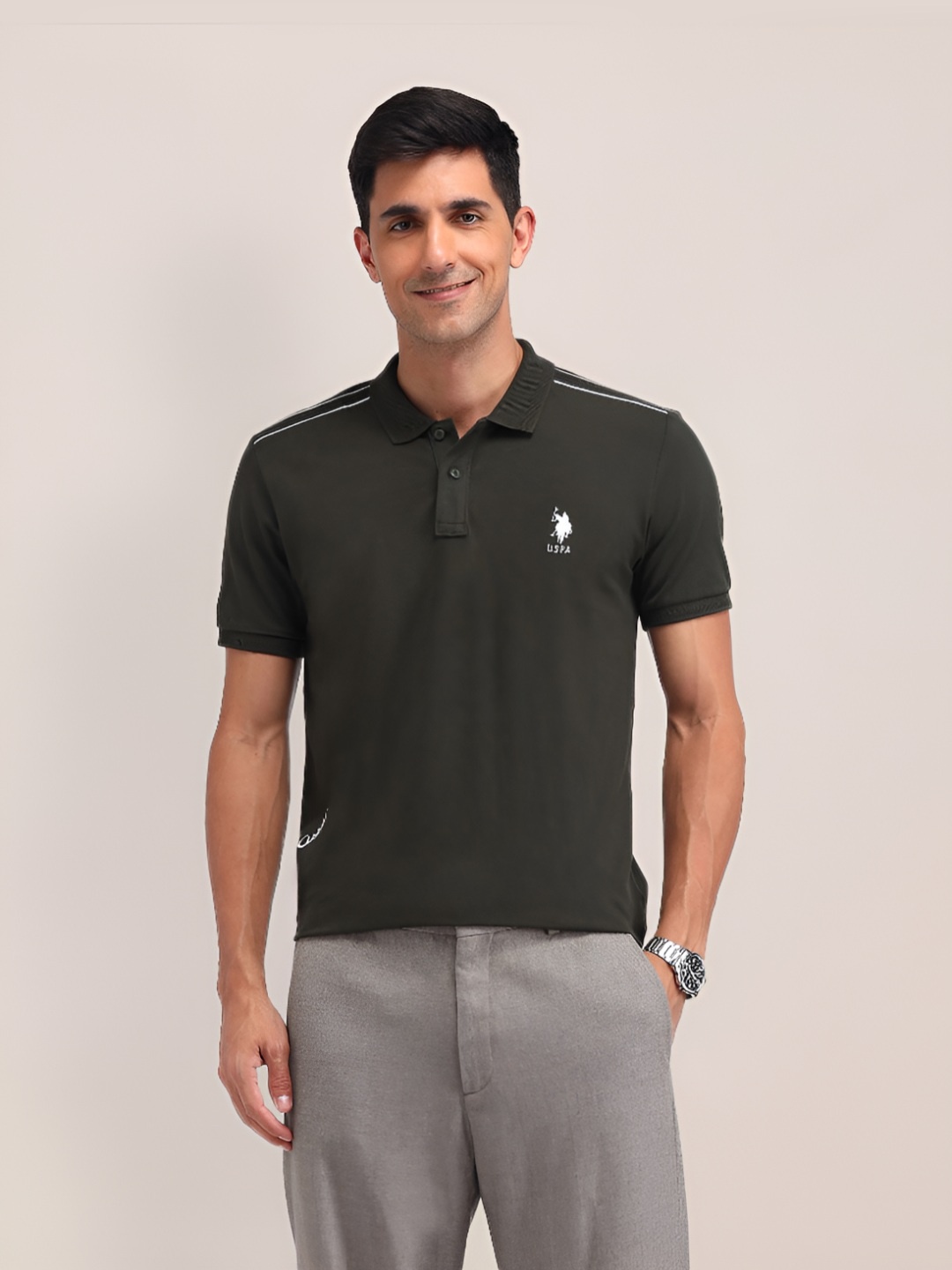 

U.S. Polo Assn. Men Solid Polo Collar Cotton Slim Fit T-shirt, Olive