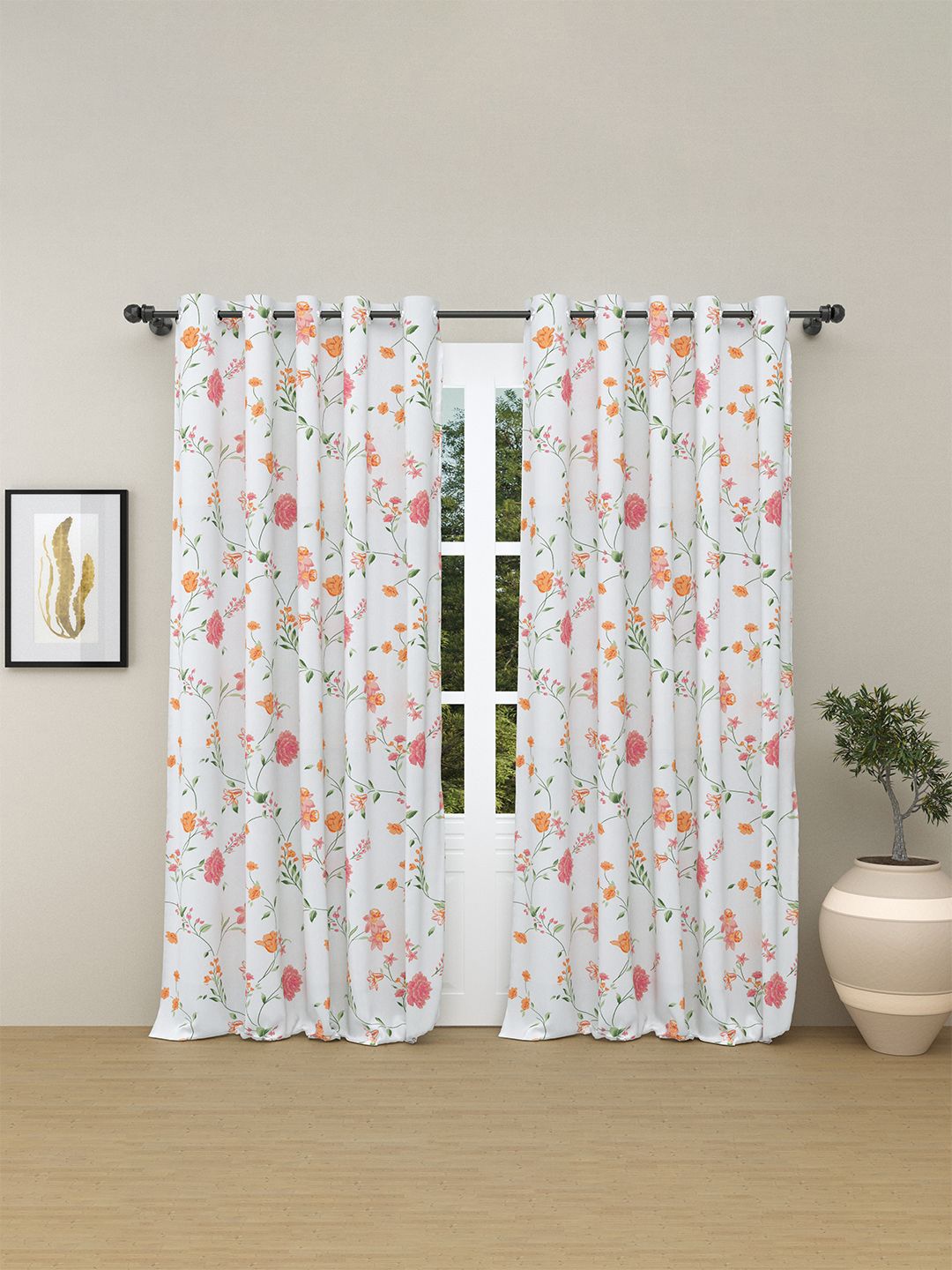 

haus & kinder White 2 Pieces Floral Printed Room Darkening Pure Cotton Door Curtains