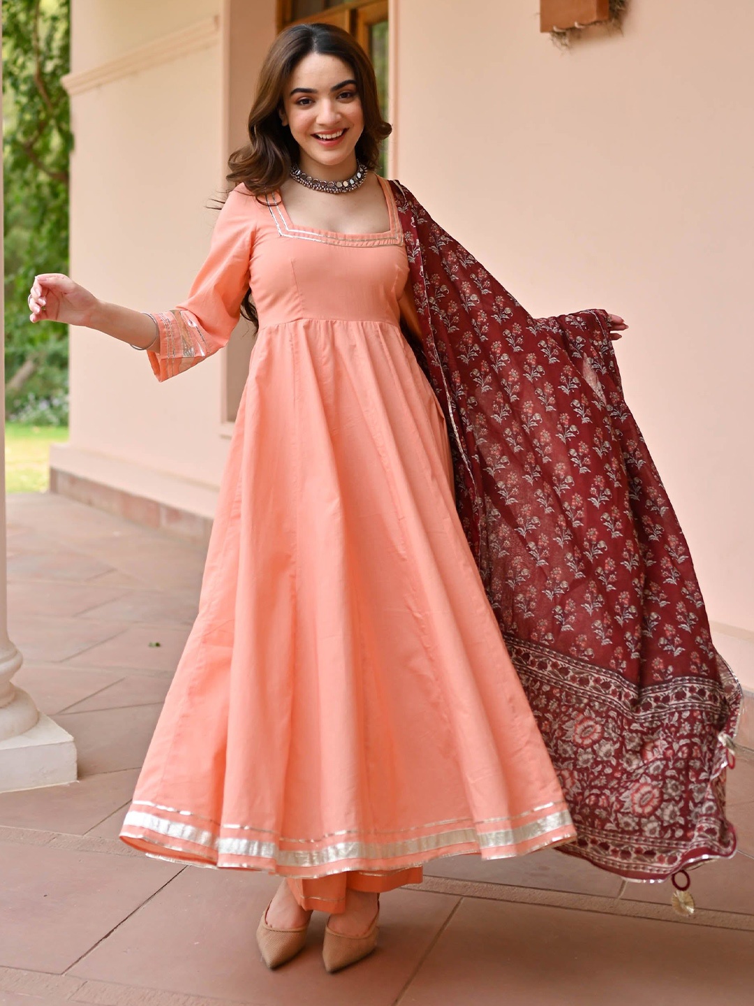 

Bunaai Gotta Patti Cotton Anarkali Kurta with Trousers & Dupatta, Peach