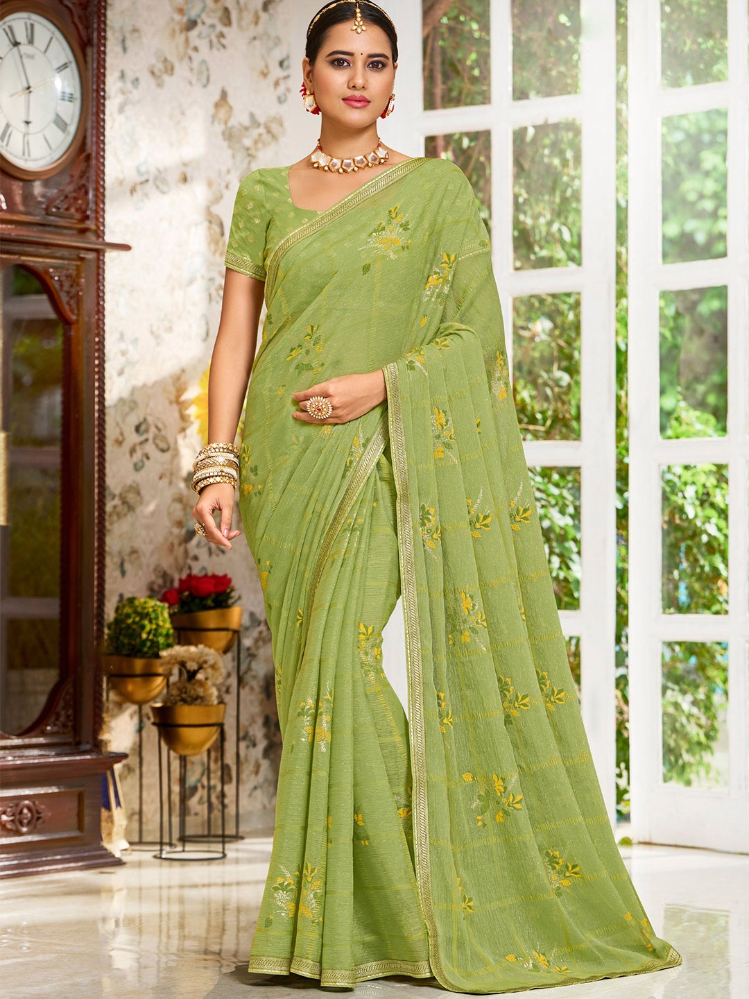 

Laxmipati Floral Embroidered Poly Chiffon Saree, Green